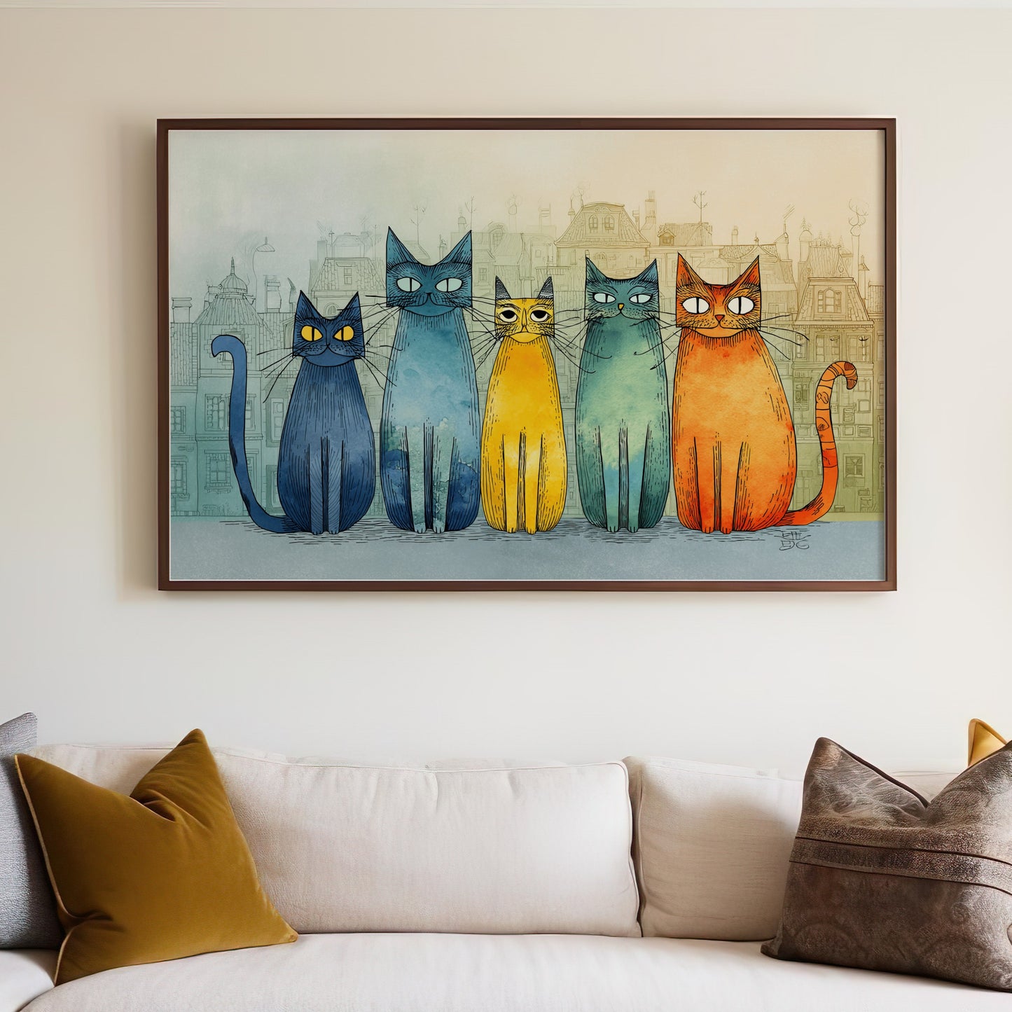Five colorful cats in a row above a couch.
