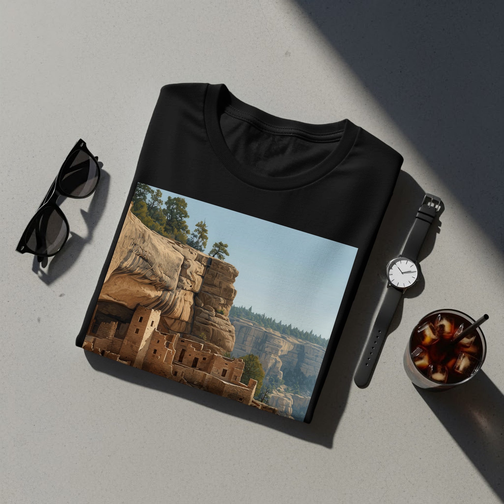 Scenic Cliffside Settlement Graphic T-shirt