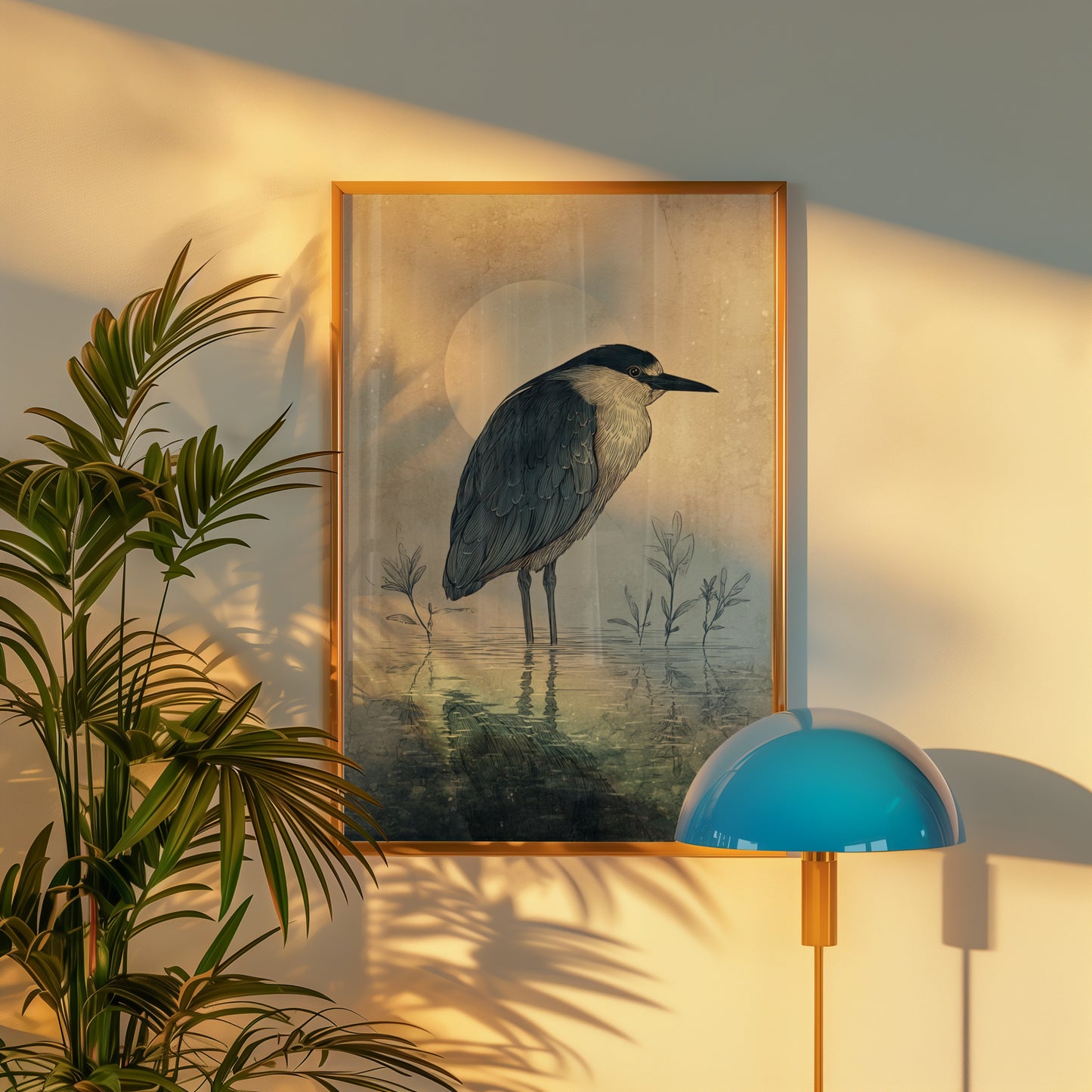 Elegant Sunset Bird Art with Plants in Frame Wall Decor