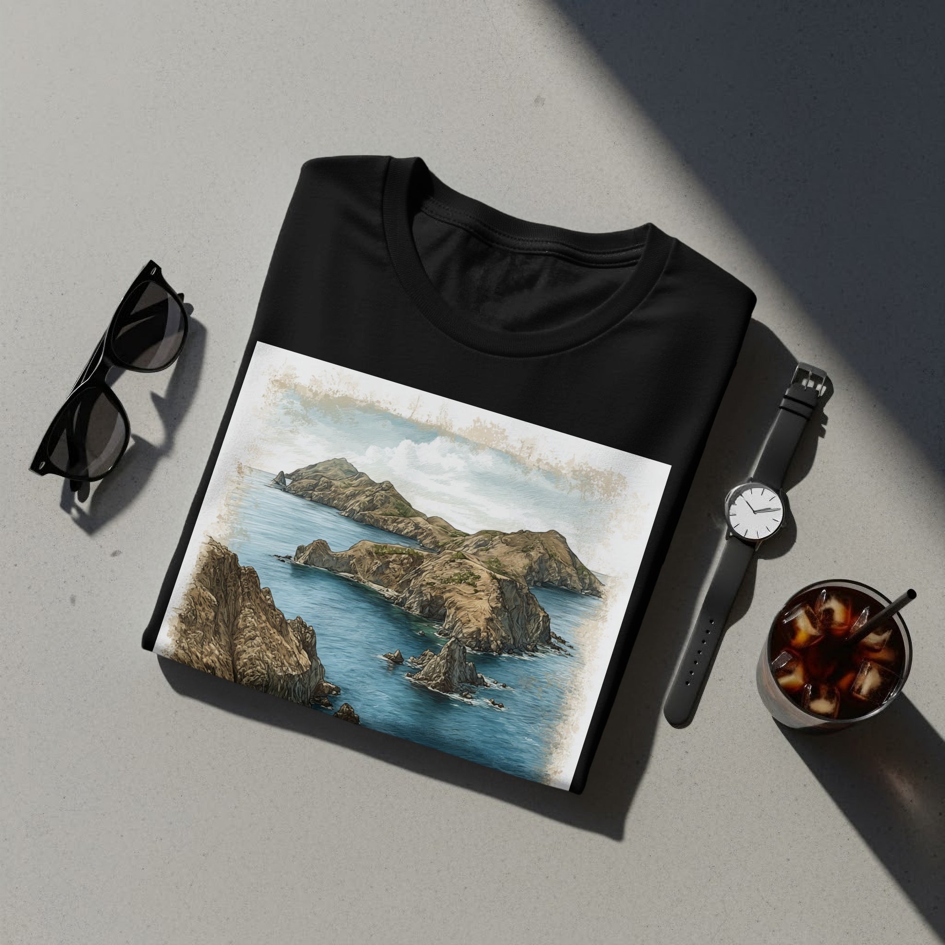Scenic Coastal Island Graphic Black T-Shirt Product