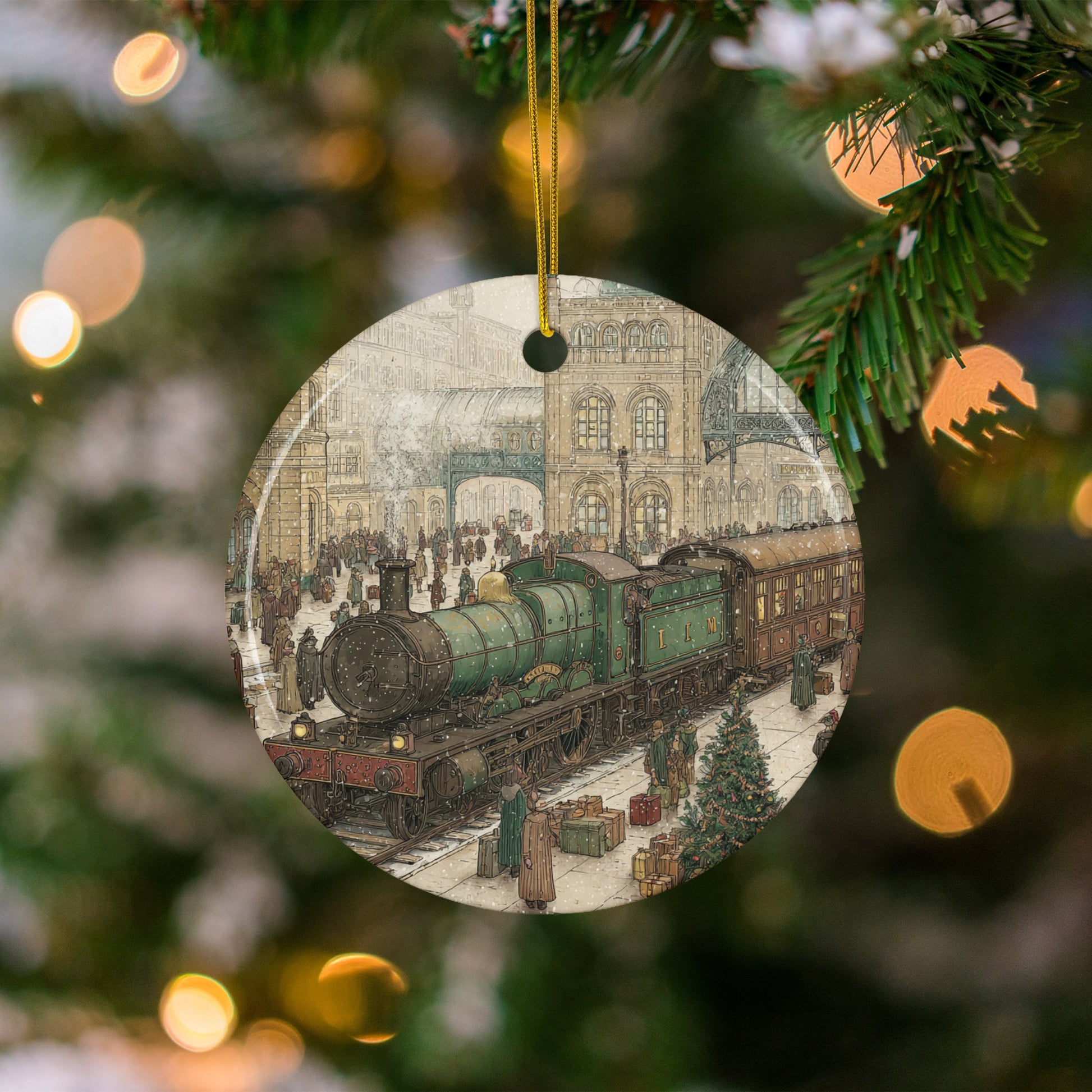 Vintage Holiday Train Scene Christmas Ornament