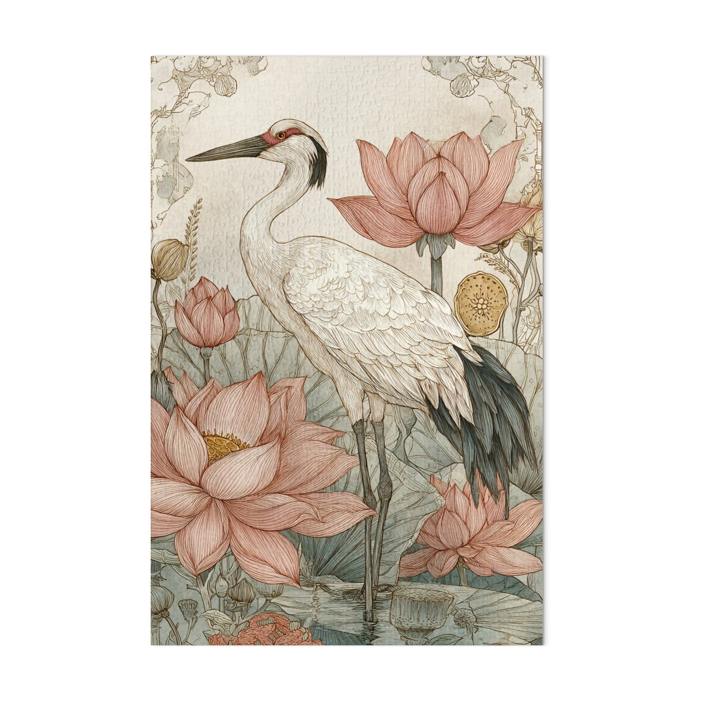 Elegant Crane Among Lotus Blossoms Art Print
