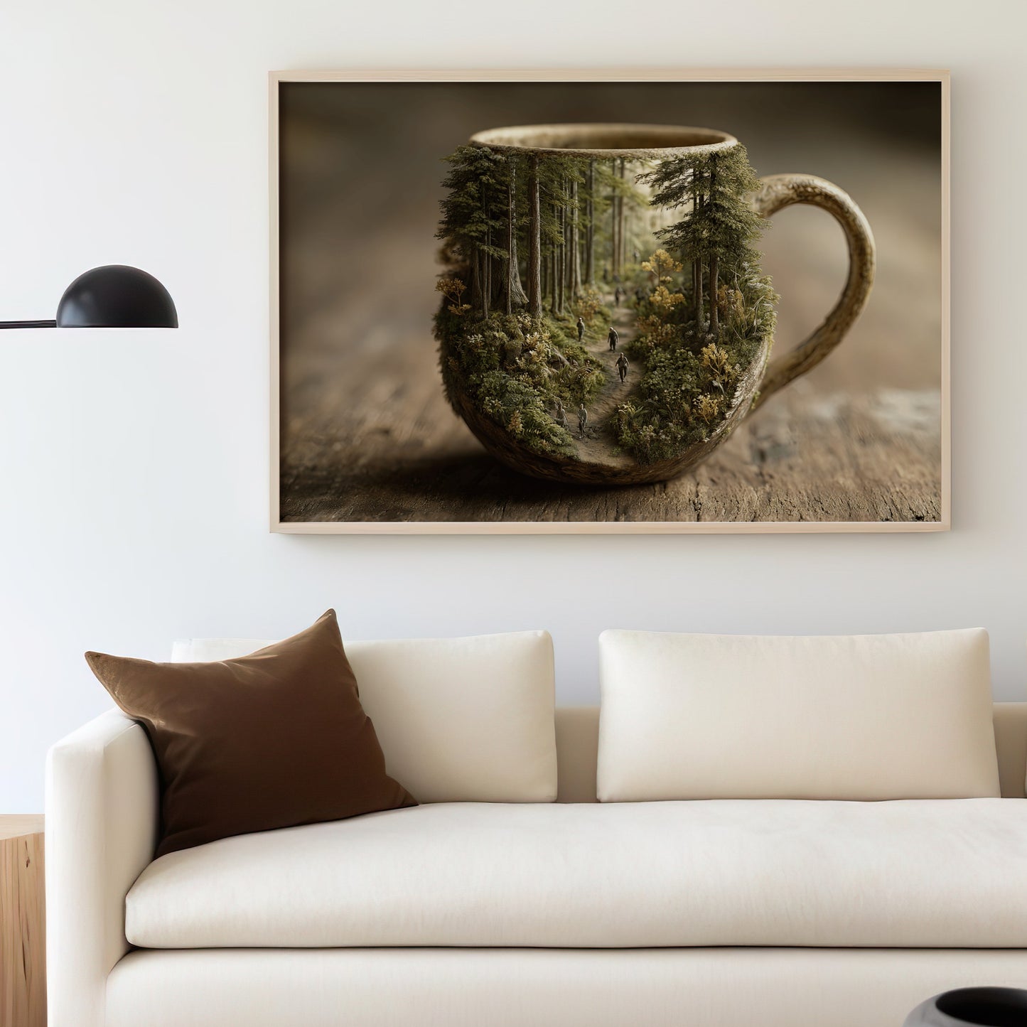 Mug filled with a forest scene, featuring tiny figures on a path.