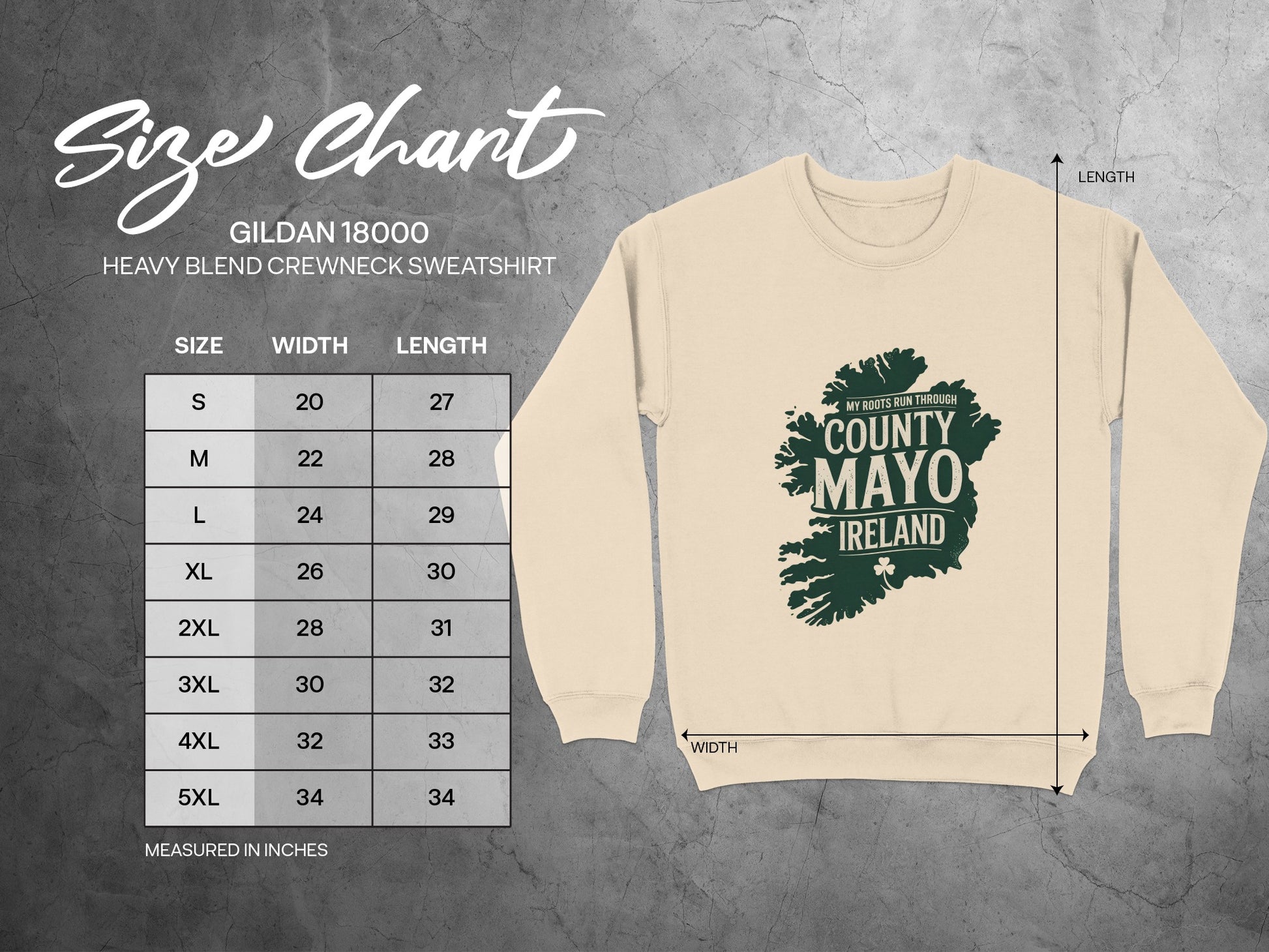 Size chart for Gildan 18000 heavy blend crewneck sweatshirt with dimensions.