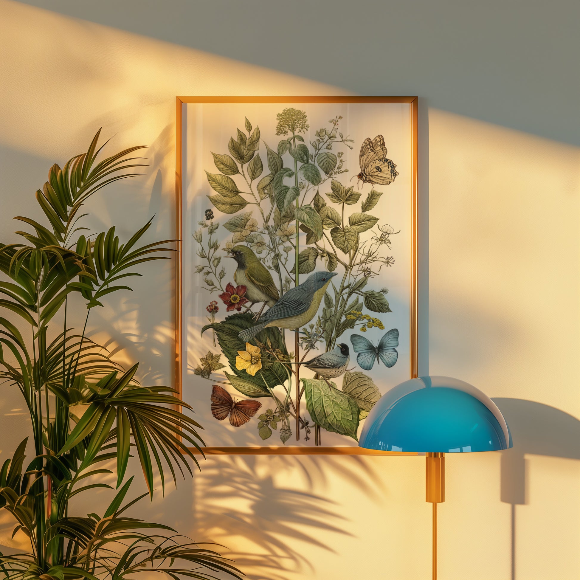 Botanical Art Print with Birds and Butterflies Poster
