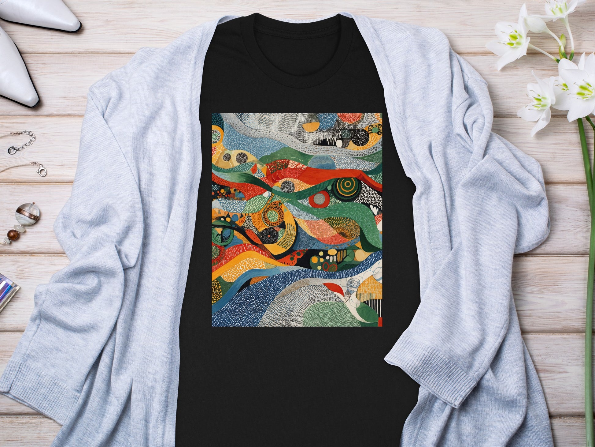 Abstract Artistic Vibrant Patterned Graphic Black Tee Shirt product type