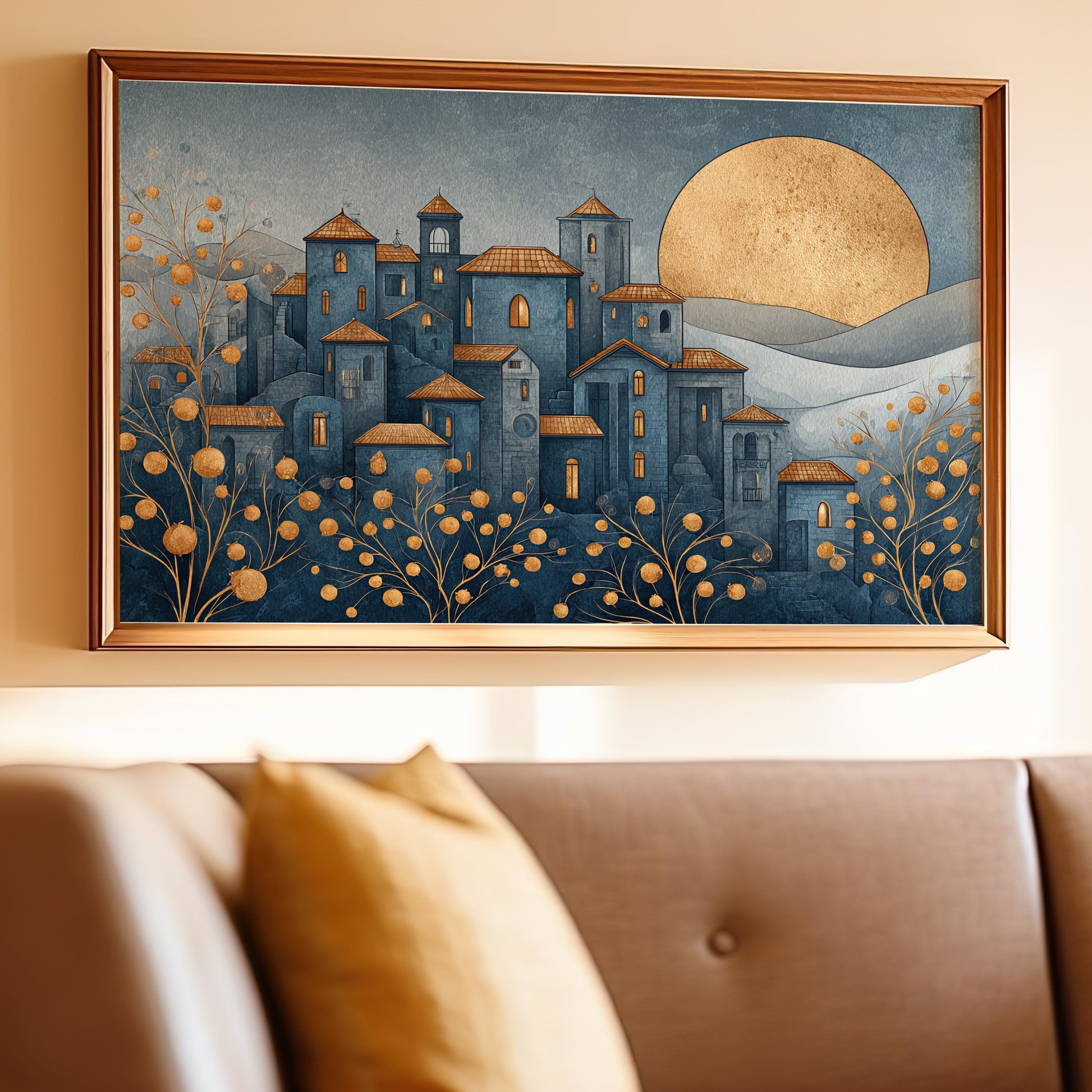Golden Sun and Blue Cityscape Wall Art Decor