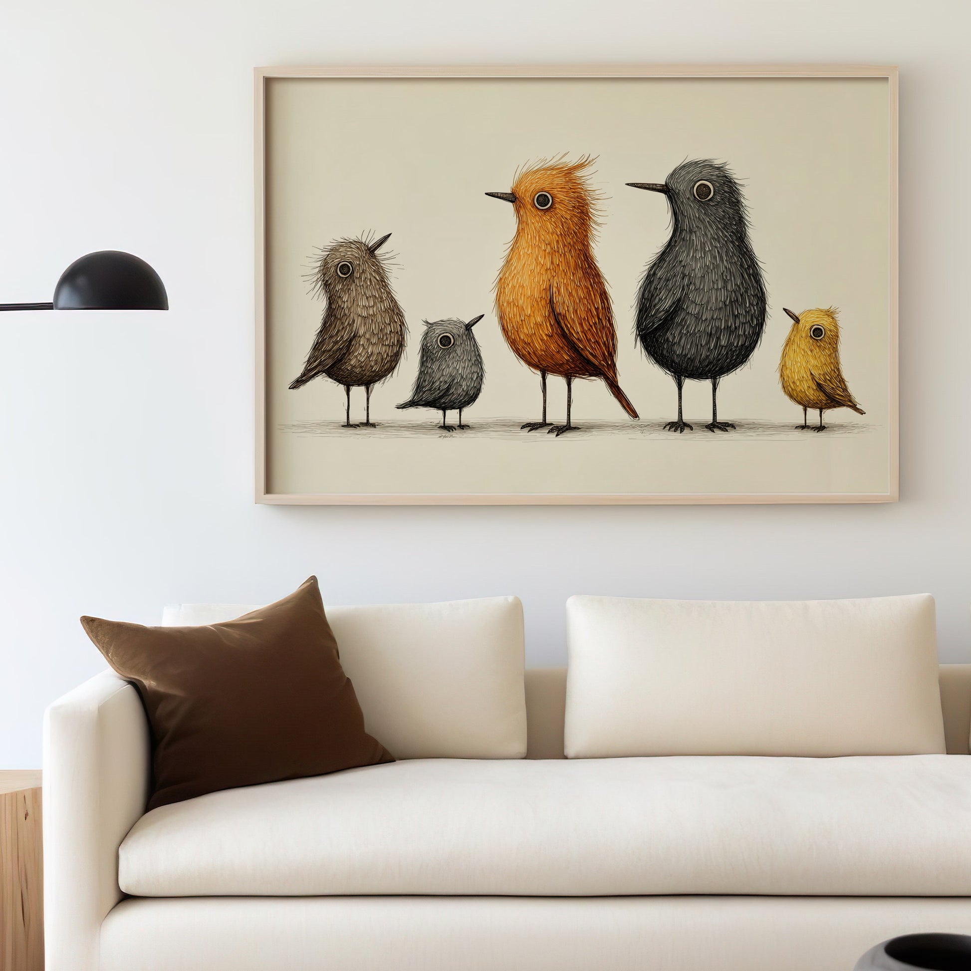 Framed illustration of five stylized birds in varying colors and sizes.