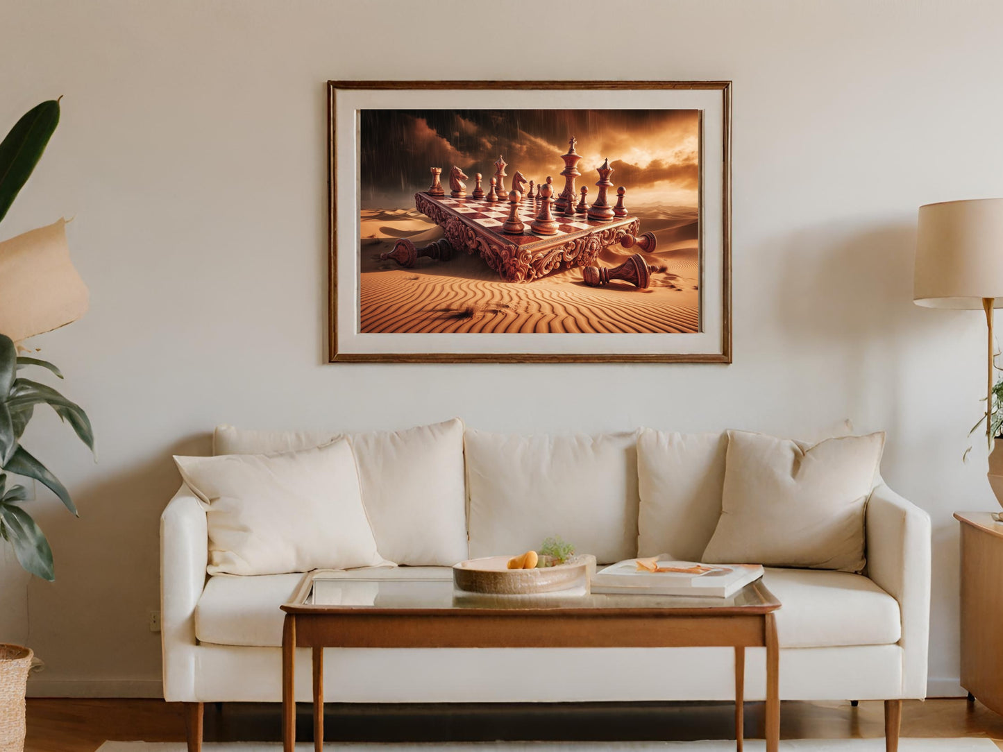 Framed artwork of a desolate desert with a chess set, stormy skies, and fallen pieces.