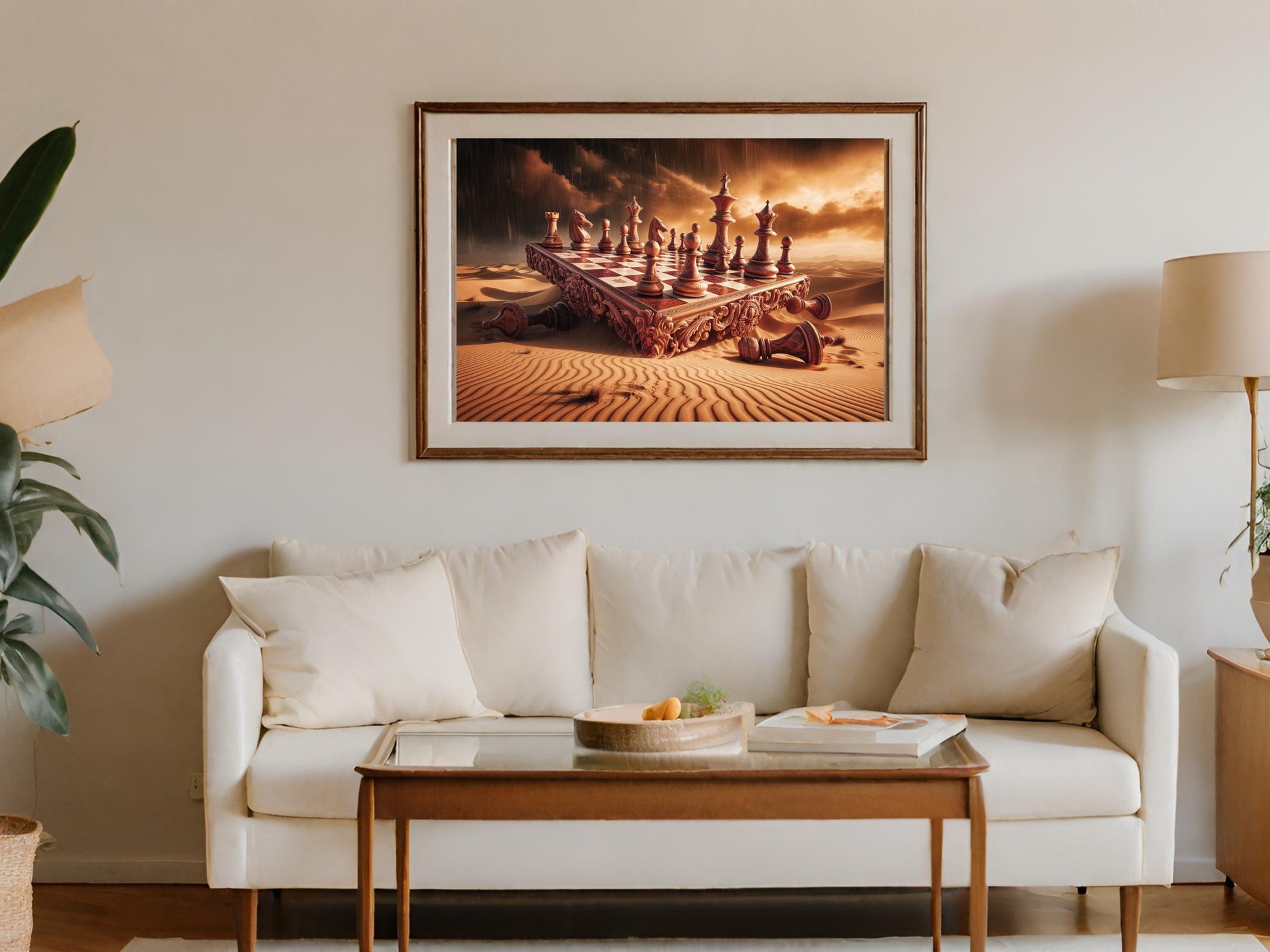 Framed artwork of a desolate desert with a chess set, stormy skies, and fallen pieces.