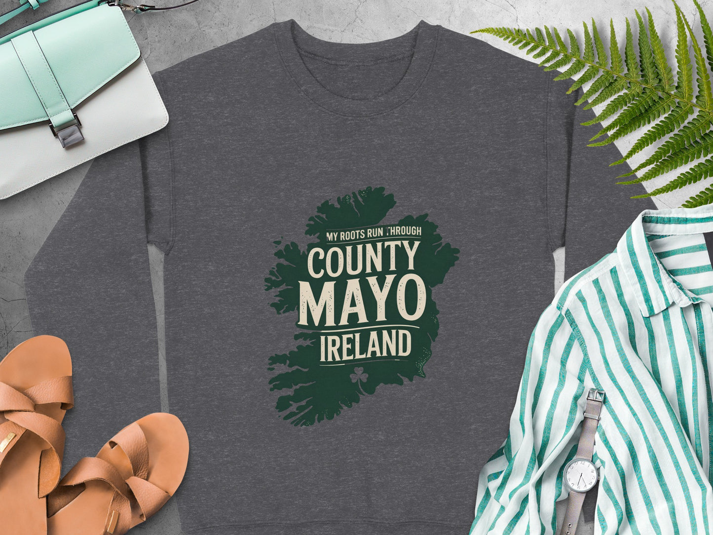 Grey sweatshirt with "County Mayo Ireland" map graphic and shamrock.