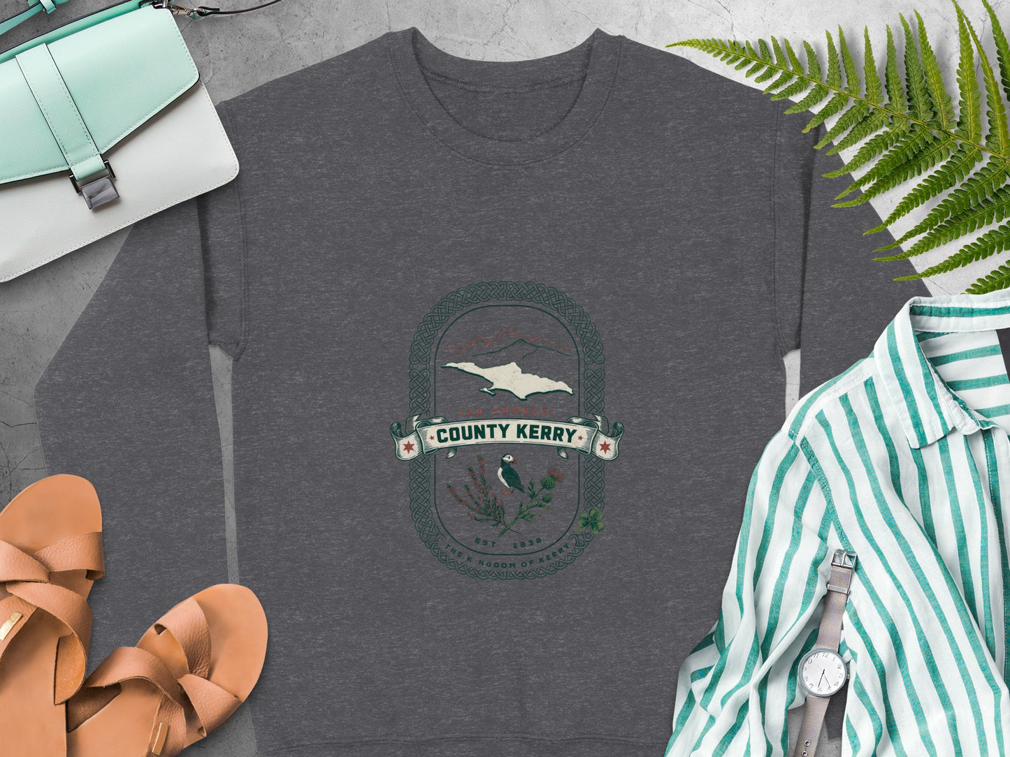 Grey sweatshirt with "County Kerry" crest featuring puffin and shamrock.