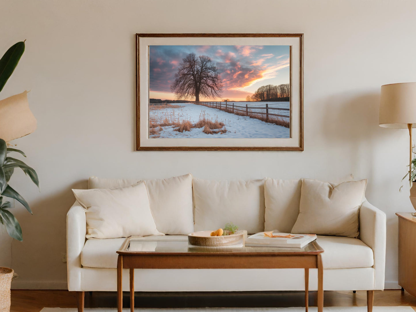 Framed landscape art above a white sofa with a coffee table.