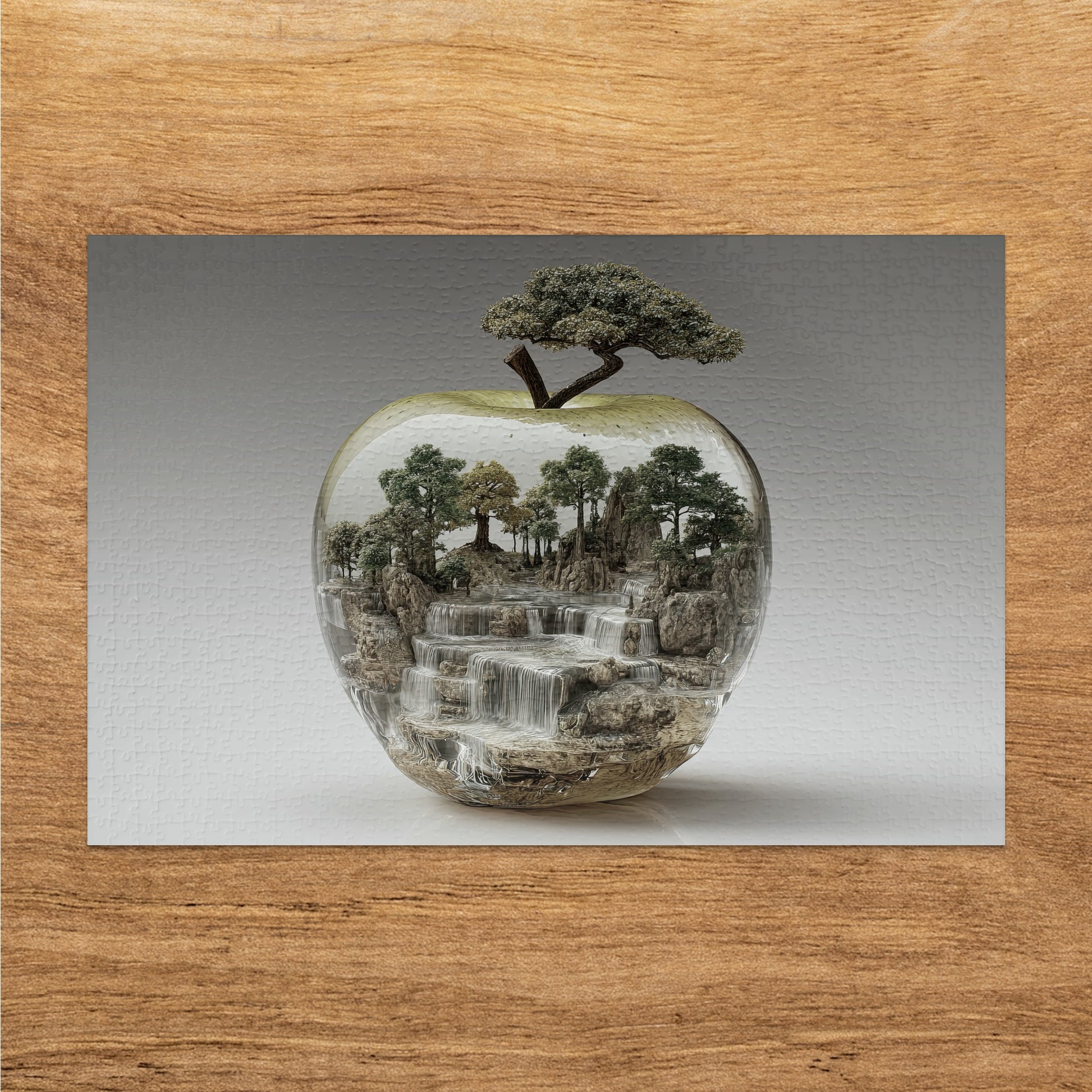 Apple-shaped terrarium with trees and waterfalls.