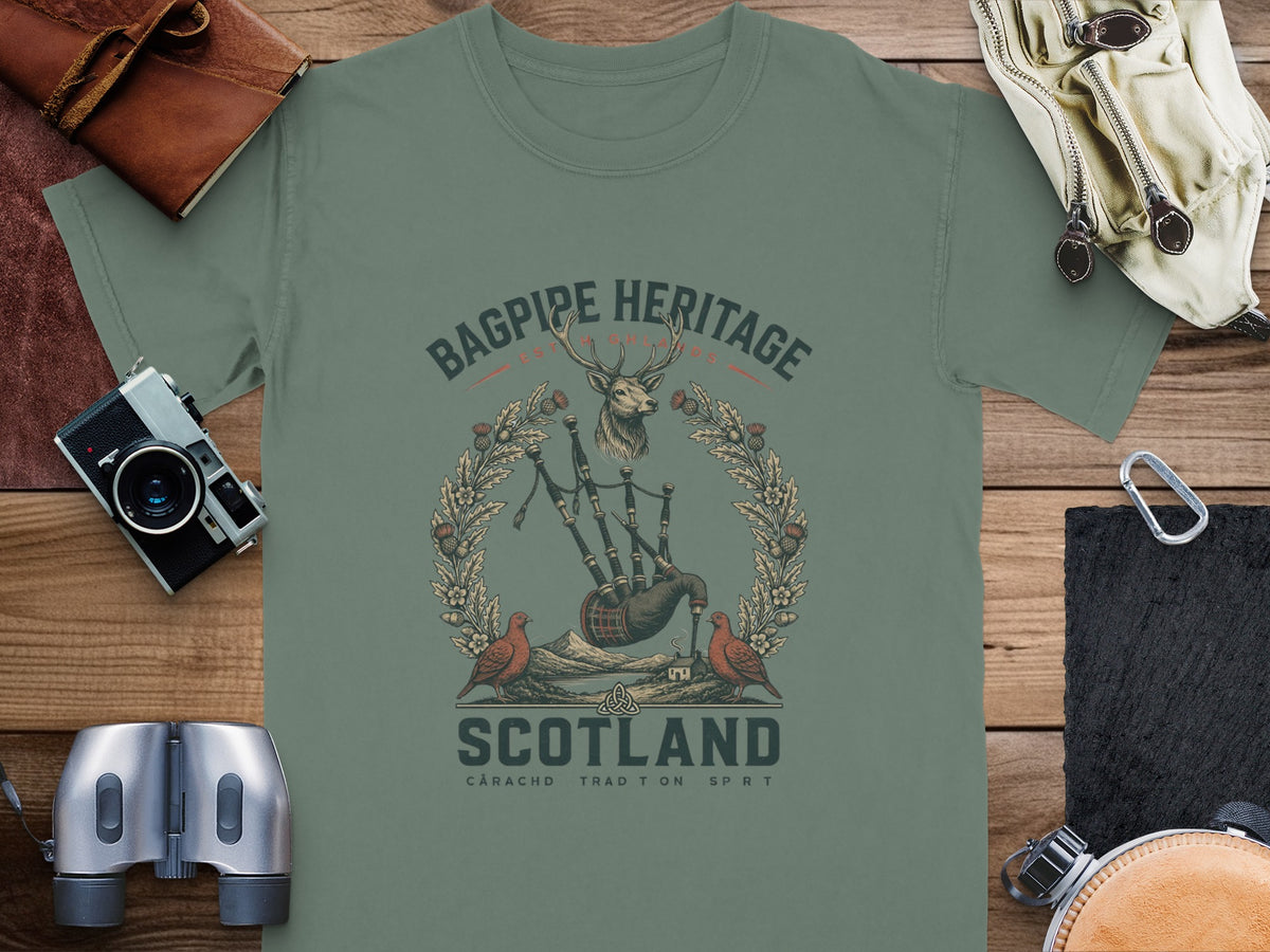 T-shirt graphic with bagpipes, stag, birds, and "Bagpipe Heritage Scotland" text.