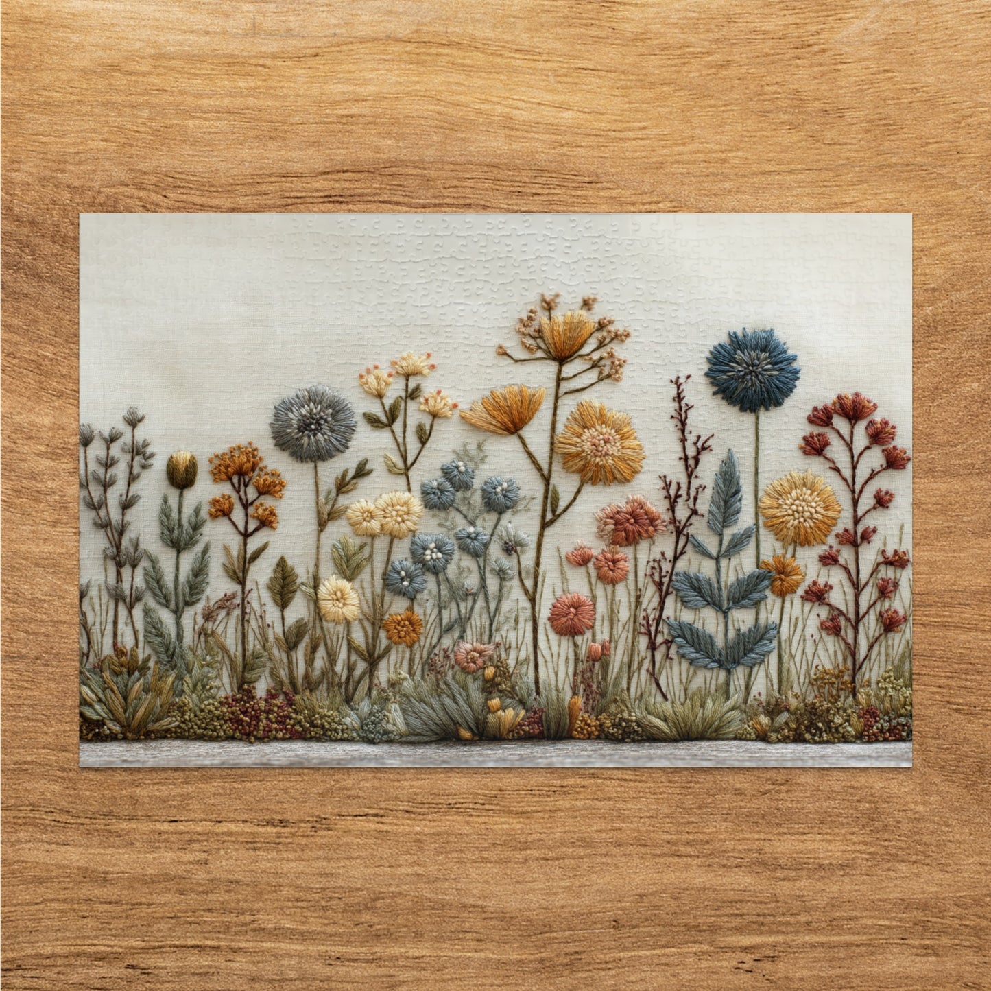 Embroidered floral wildflowers art with wooden background