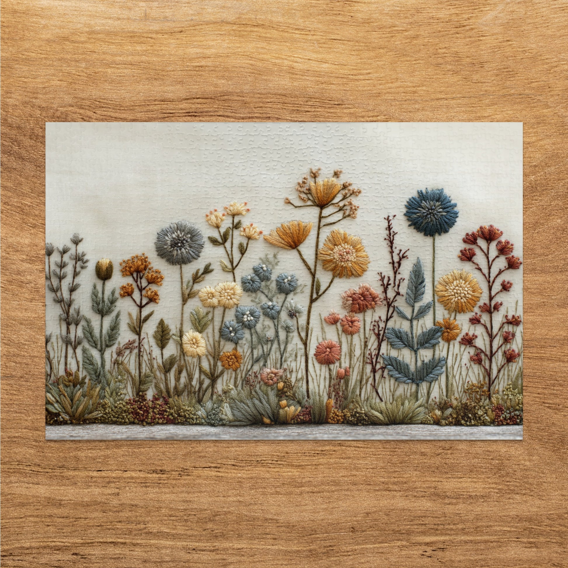 Embroidered floral wildflowers art with wooden background