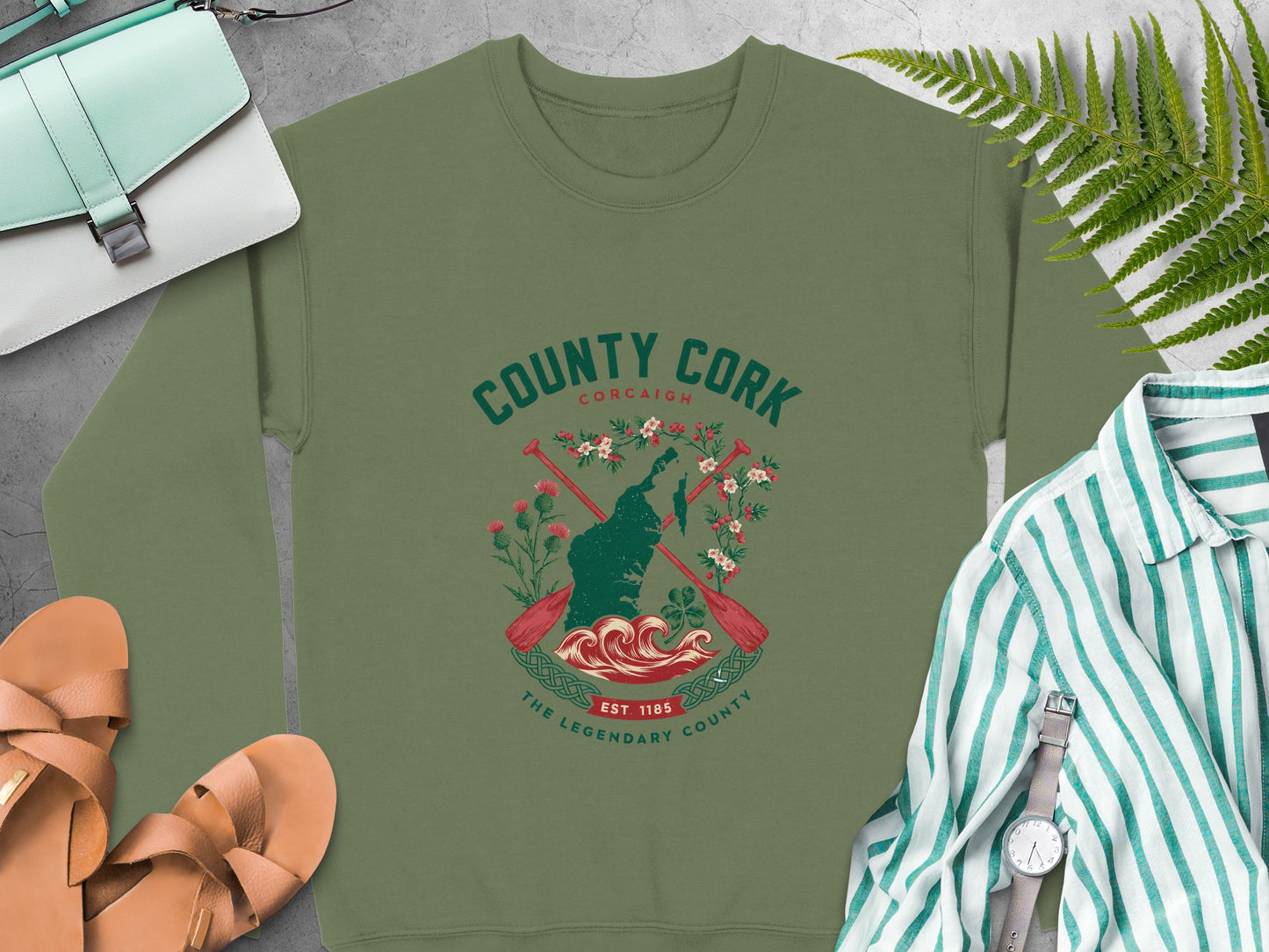 County Cork map, oars, flowers, and text "The Legendary County" on Military Green sweatshirt
