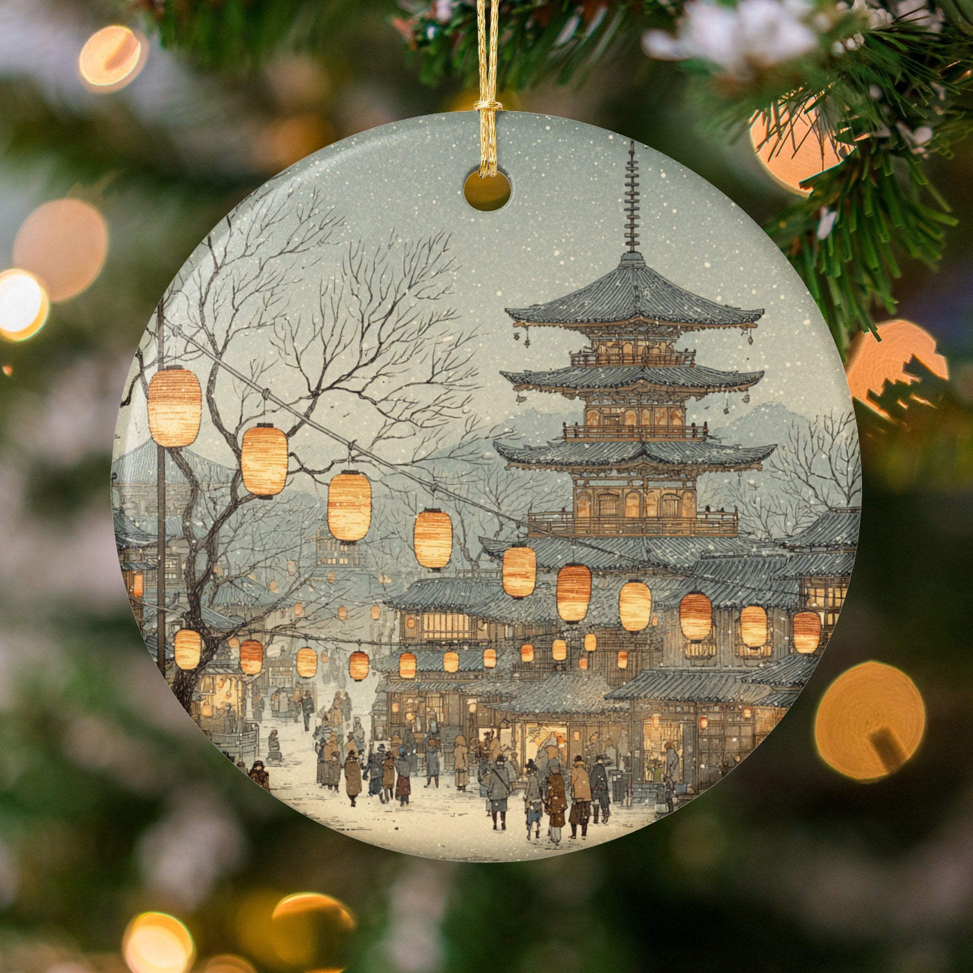 Scenic Japanese Pagoda and Lanterns Ornamental Decor