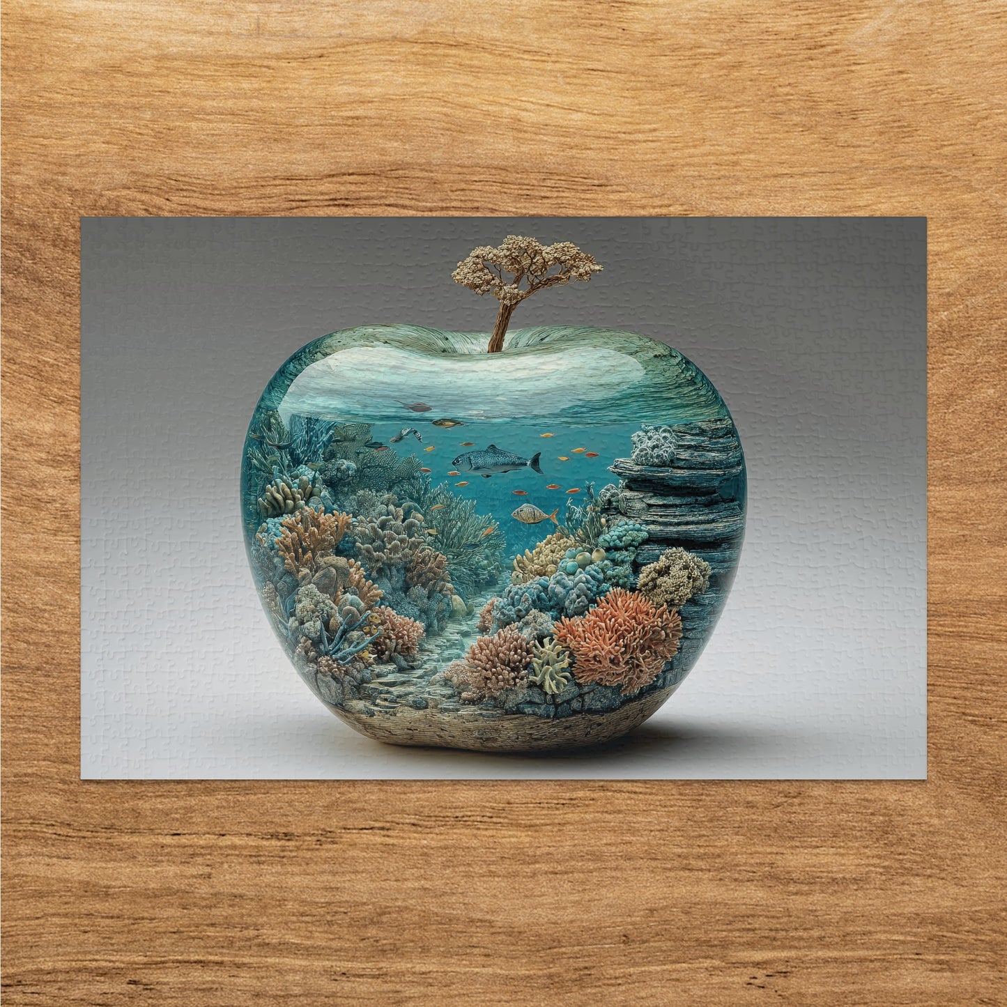 Apple-shaped glass container with coral reef, fish, and tree inside.