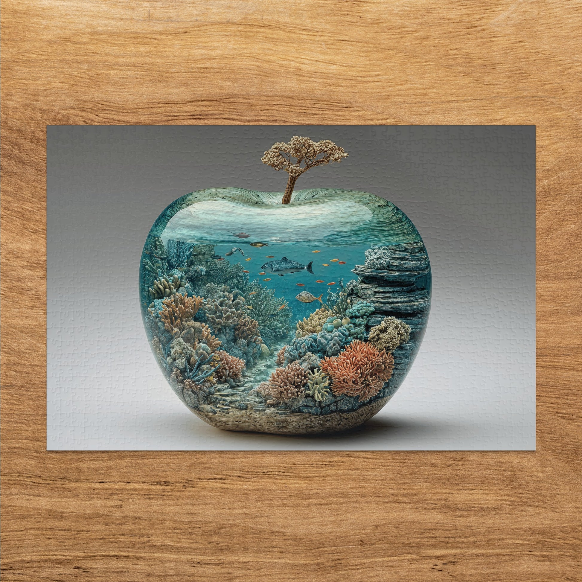 Apple-shaped glass container with coral reef, fish, and tree inside.