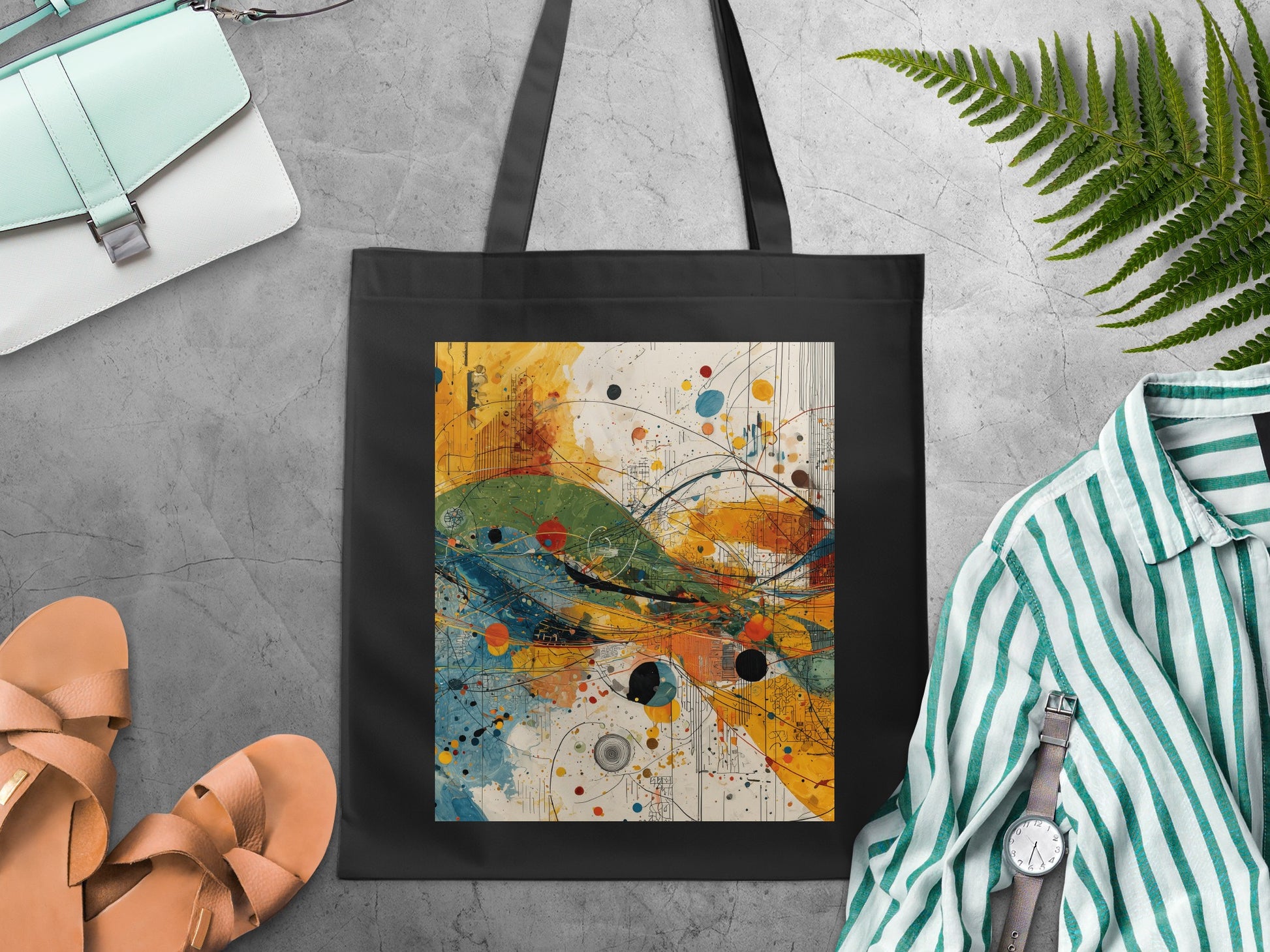 Dynamic Abstract Colorful Art Print Tote Bag product type
Tote bag
Abstract art
Colorful design
Artistic print
Modern art
Contemporary style
Unique pattern
Vibrant colors
Splatter art
Designer bag
Art Lover Gift
Everyday carry
Fashion accessory
Aesthetic bag
Graphic print
Statement bag
Custom tote
Black tote
Multicolored art
Creative design