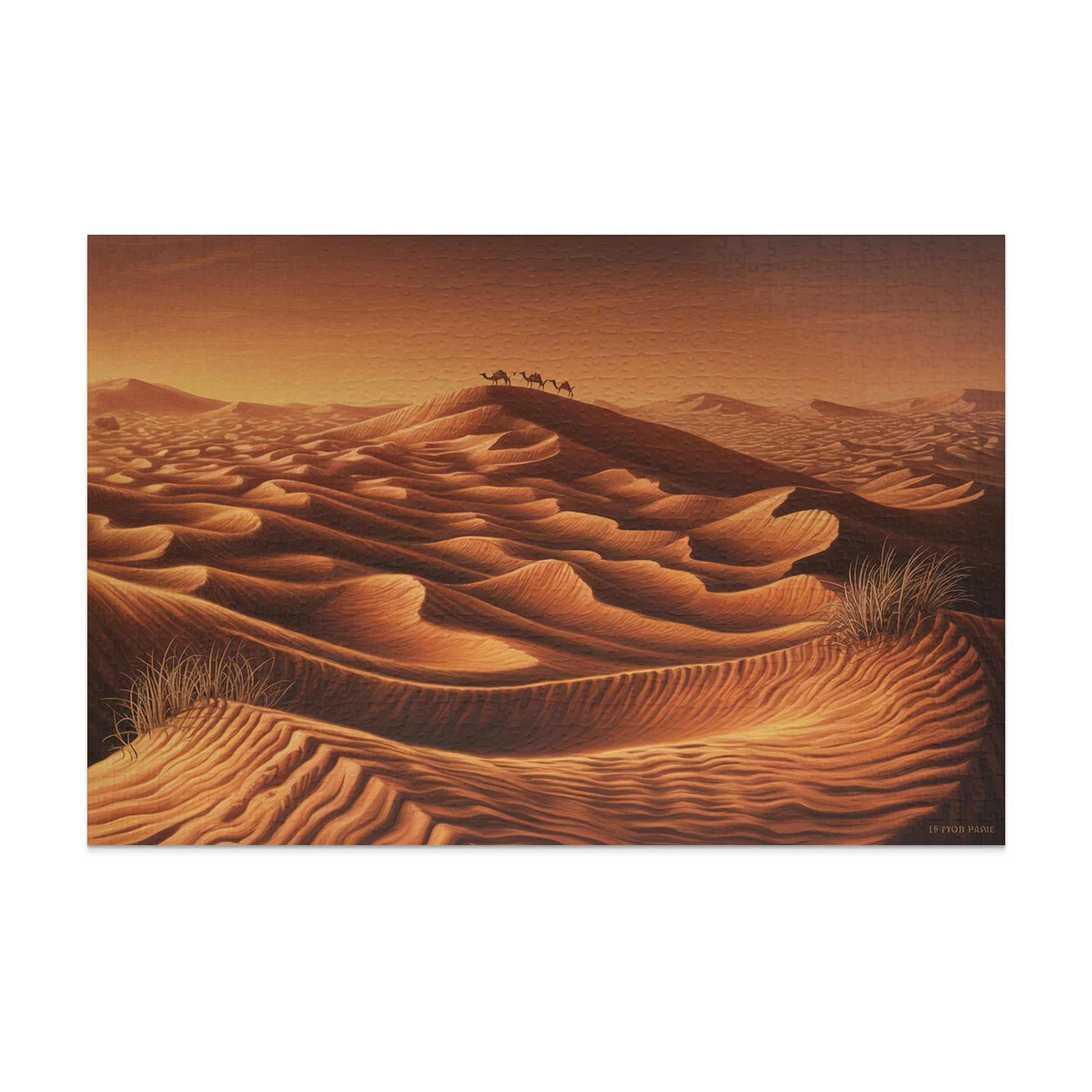 Camels cross towering sand dunes under an orange desert sky.