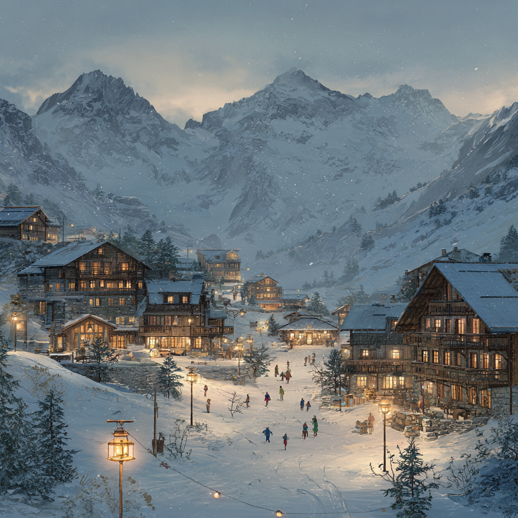 Snowy Mountain Village Scenic Winter Landscape Art