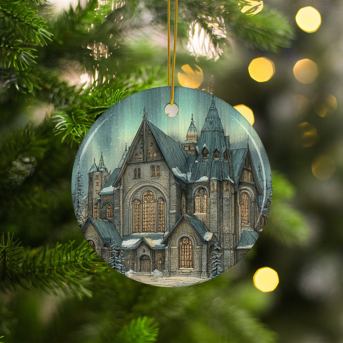 Beautiful Snowy Church Scene Holiday Ornament
