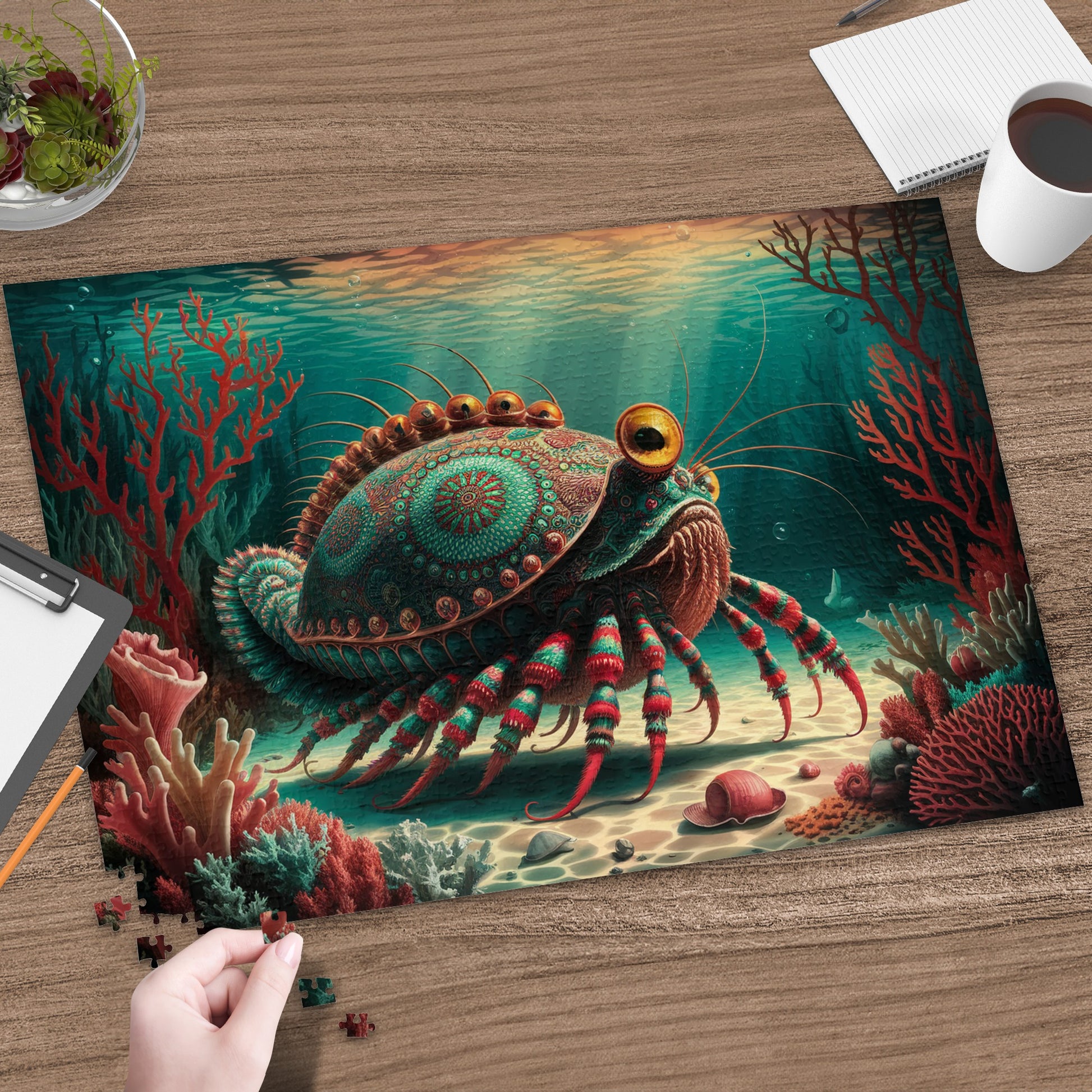 Ornate crab with gold eyes on seabed surrounded by colorful coral and puzzle pieces.
