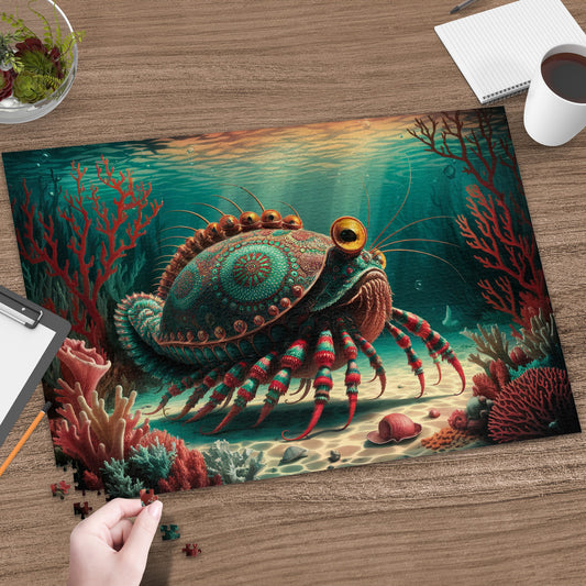 Ornate crab with gold eyes on seabed surrounded by colorful coral and puzzle pieces.