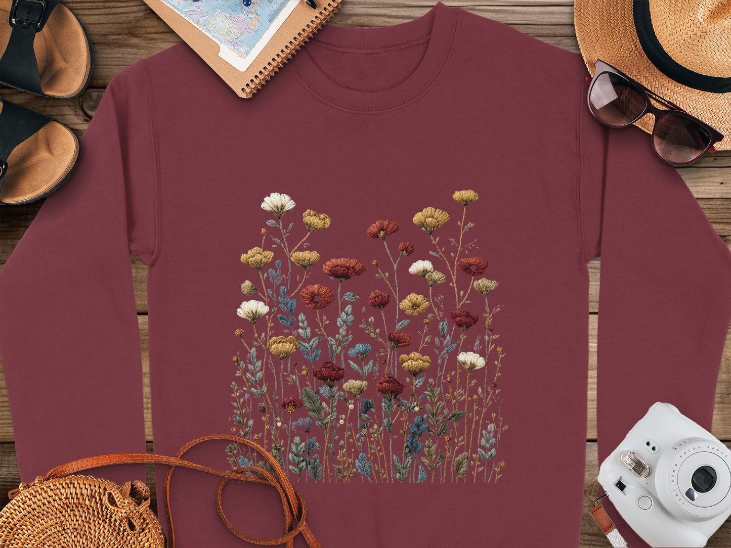 Elegant Floral Design Long Sleeve Burgundy Shirt