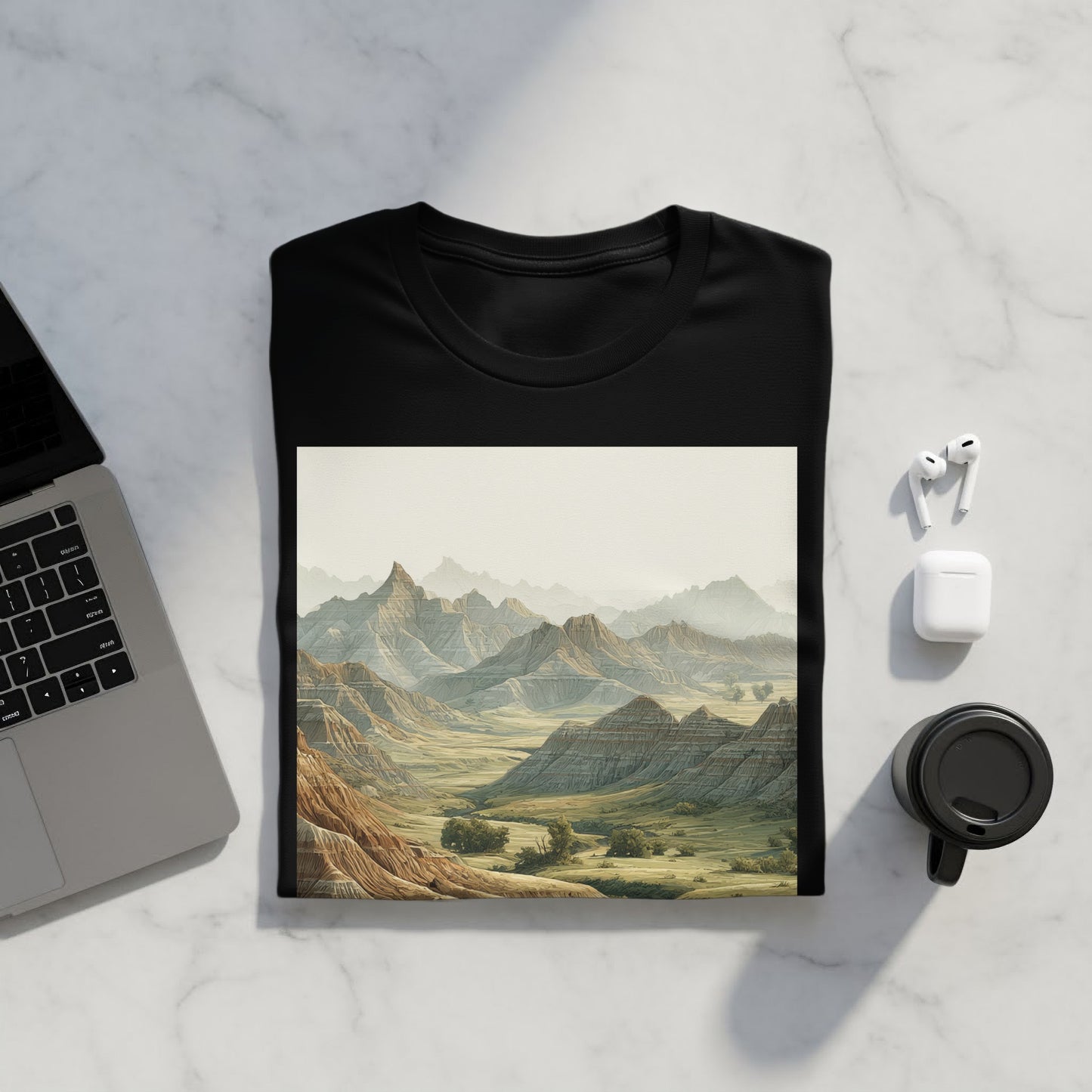 Black T-shirt with Scenic Mountain Valley Design