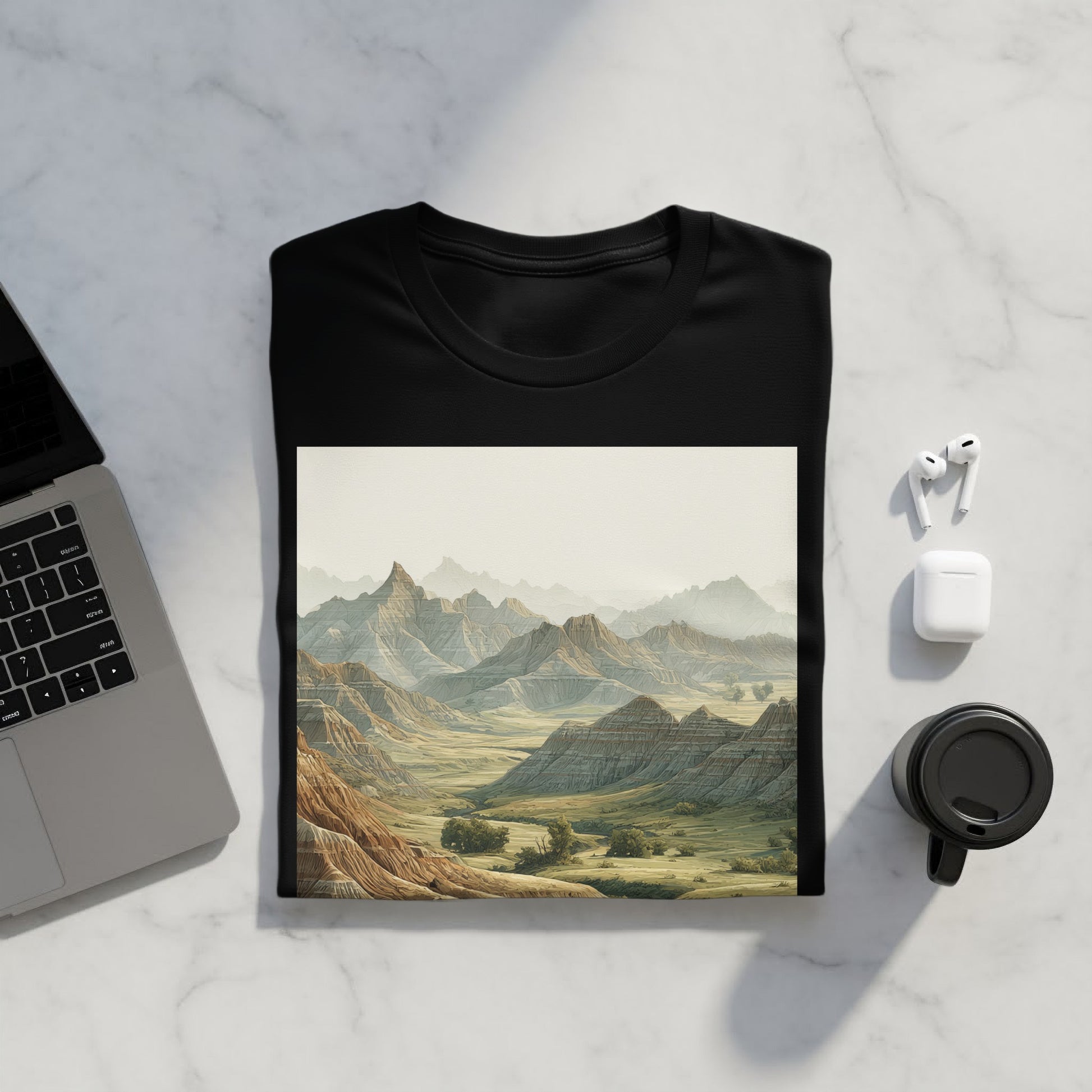 Black T-shirt with Scenic Mountain Valley Design