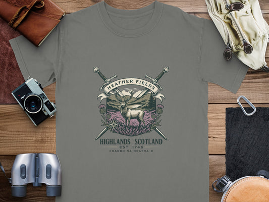 T-shirt with a deer, crossed swords, thistles, and text "Heather Fields Highlands Scotland".
