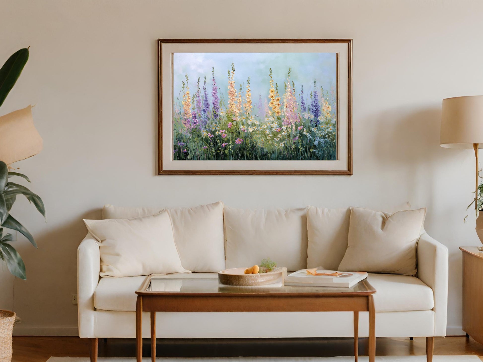 Oil painting of colorful wildflowers above a white sofa with a wooden coffee table.