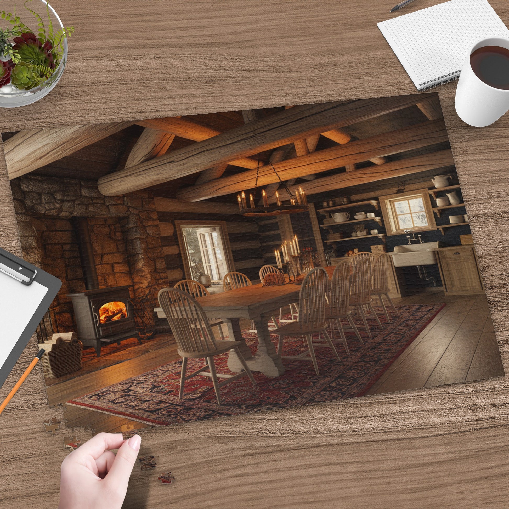 Log cabin dining room scene with fireplace, table, and chairs, arranged as a jigsaw puzzle.