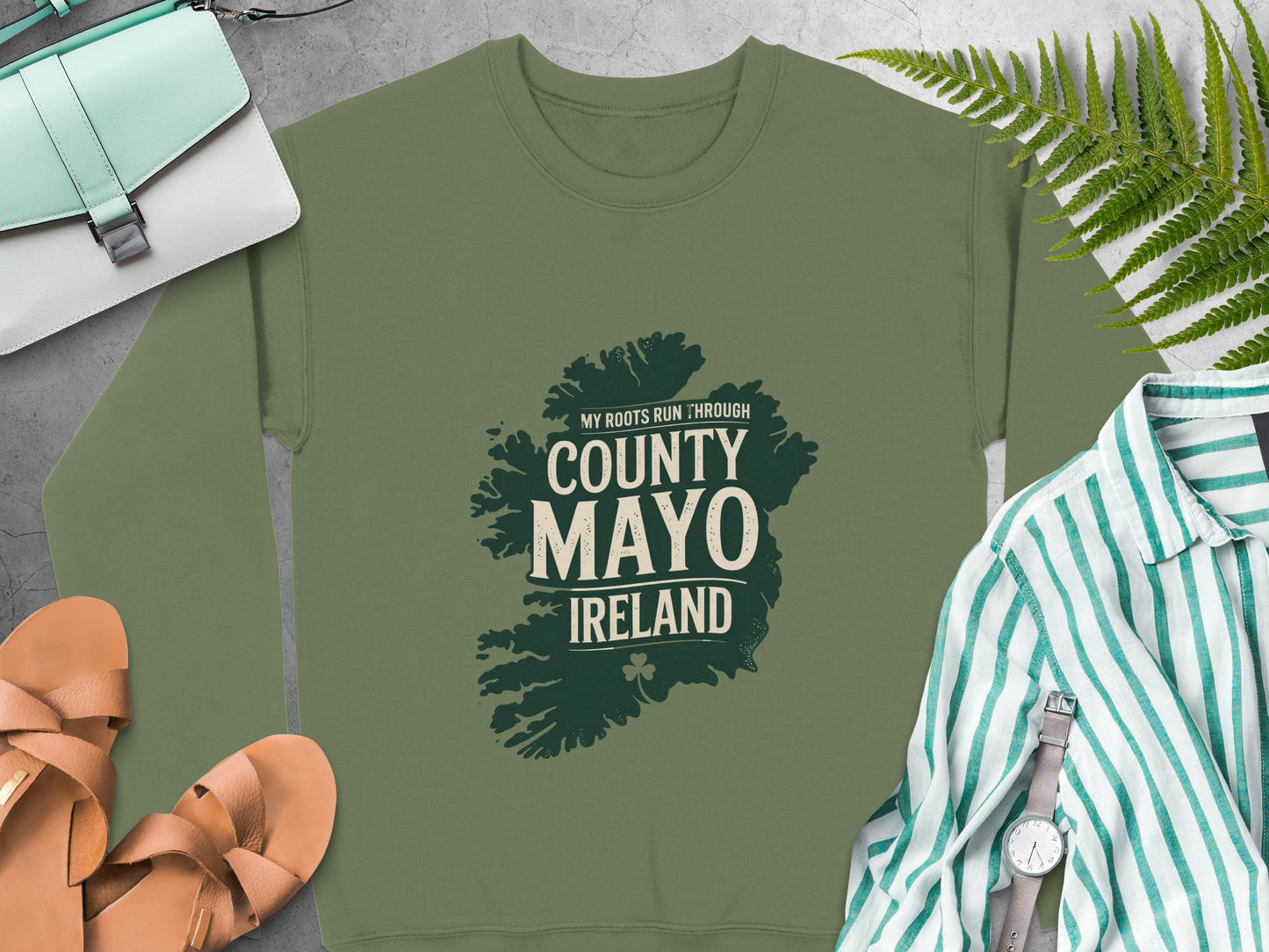 Olive green sweatshirt with "County Mayo Ireland" map graphic.