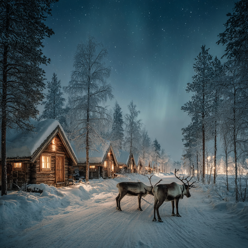 Northern Lights Cabin with Reindeer Winter Scene