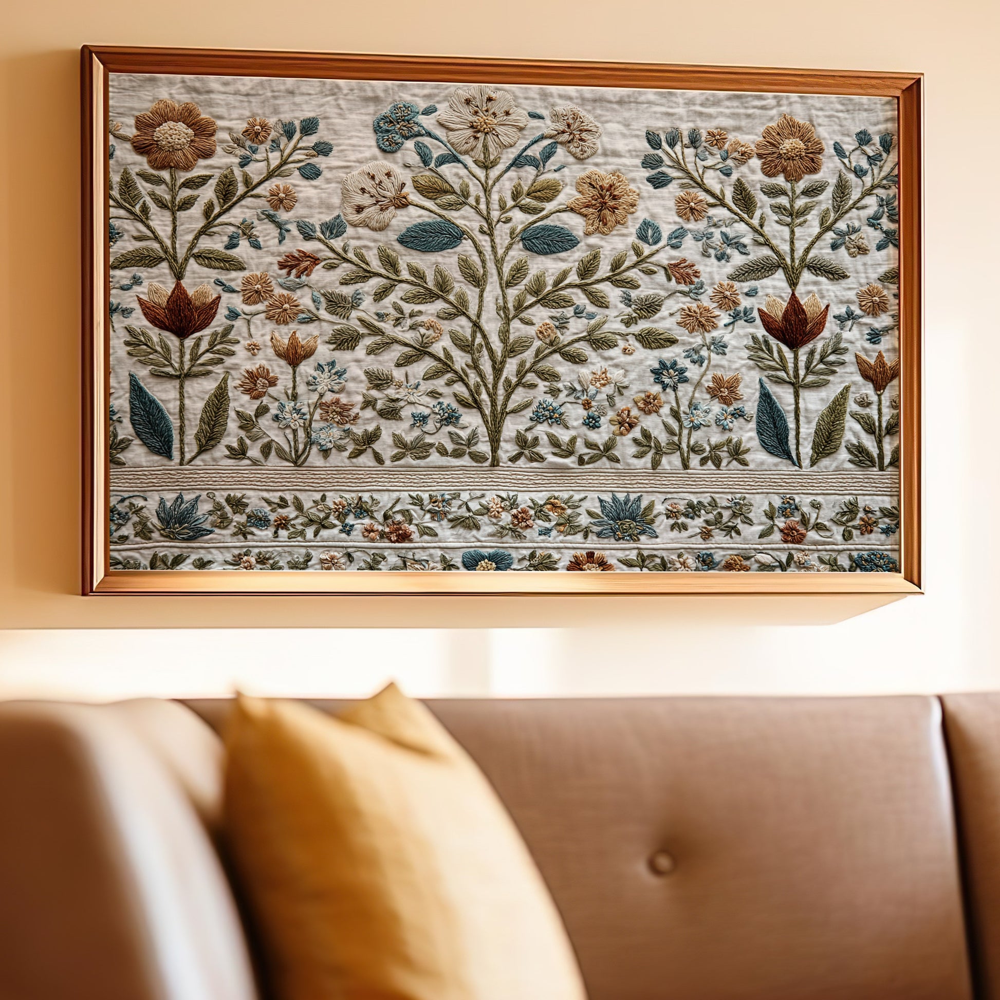 Embroidered floral tapestry artwork framed above a tufted sofa.