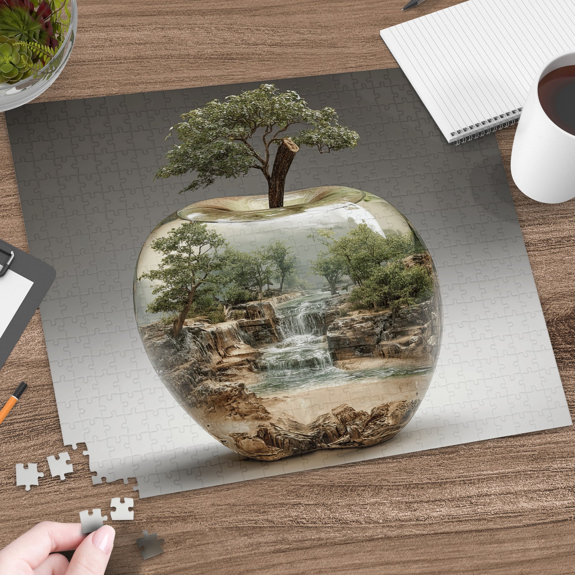 Apple-shaped glass container with miniature landscape, waterfall, and tree.