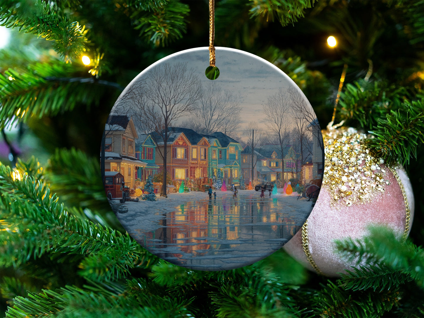 Winter Village Scene Painted on Christmas Ornament