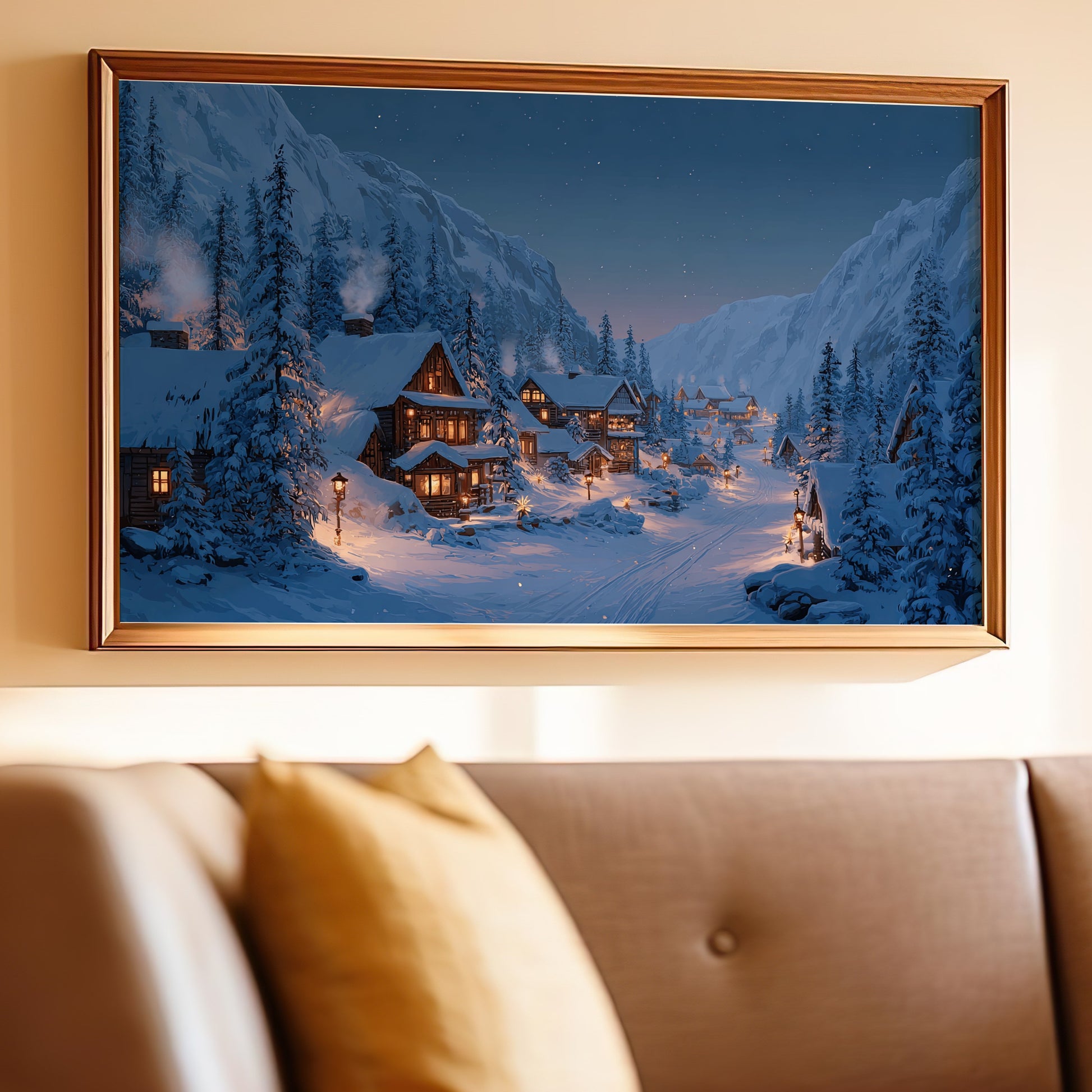 Cozy Winter Village Mountain Night Sky Stars Home Decor product type
Winter scene
Snowy village
Mountain landscape
Night sky stars
Cozy cabins
Winter art
Landscape print
Home decoration
Wall art
Scenic view
Peaceful illustration
Forest trees
Snow covered
Alpine homes
Evening glow
Illuminated houses
Holiday decor
Rustic charm
Nature artwork
Tranquil beauty