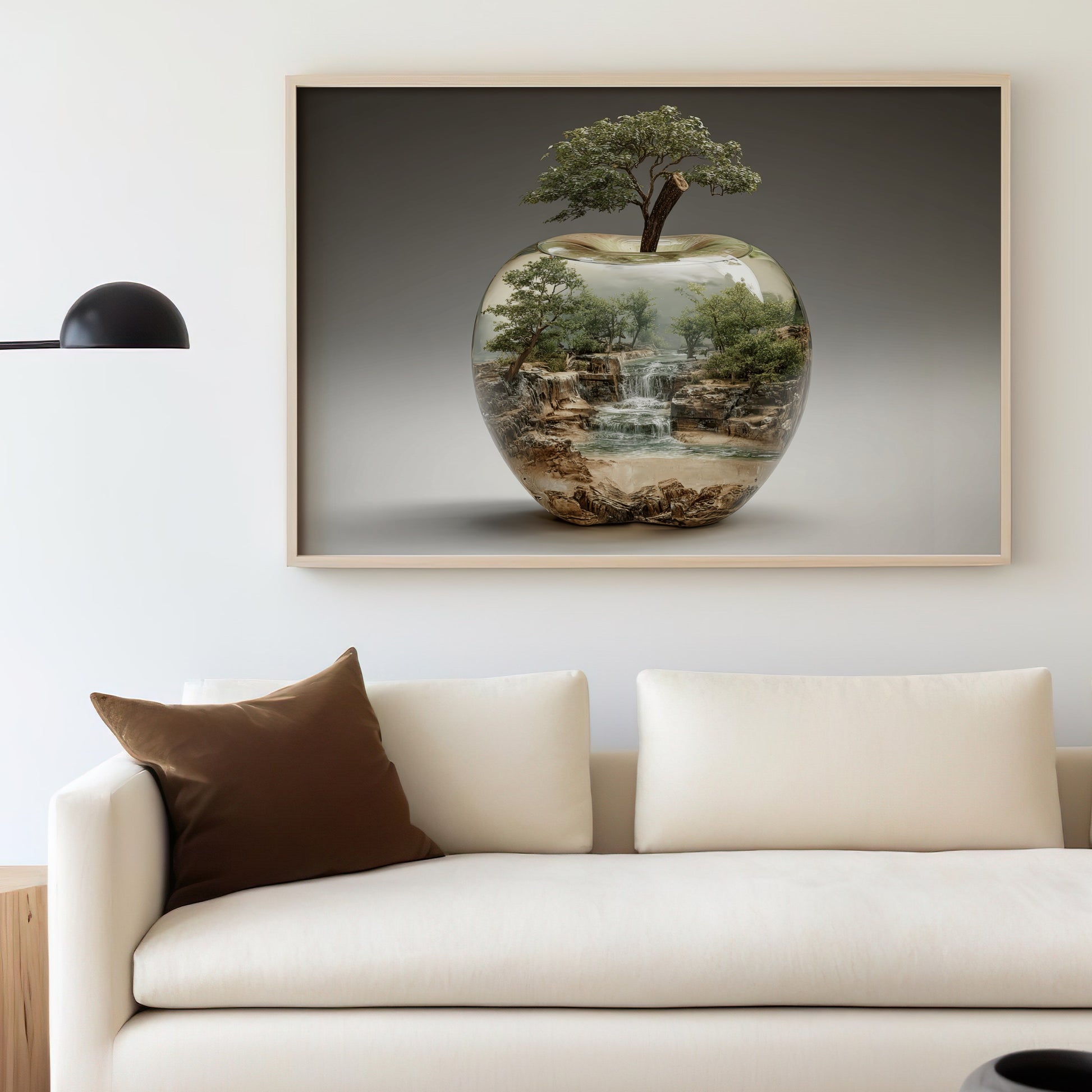 Framed artwork depicts a miniature forest landscape inside a clear apple.