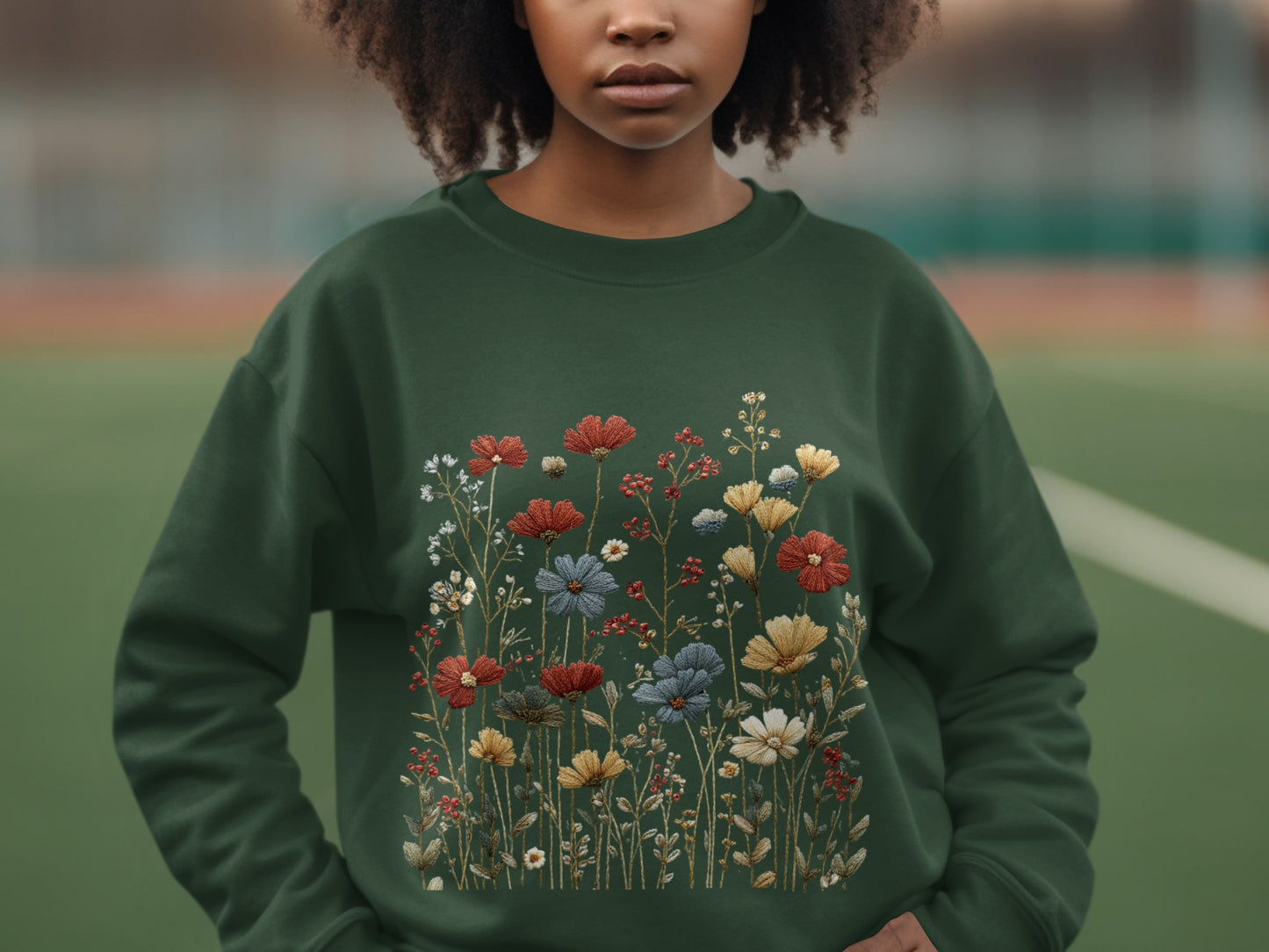 Botanical Embroidery Design on Green Sweatshirt Product