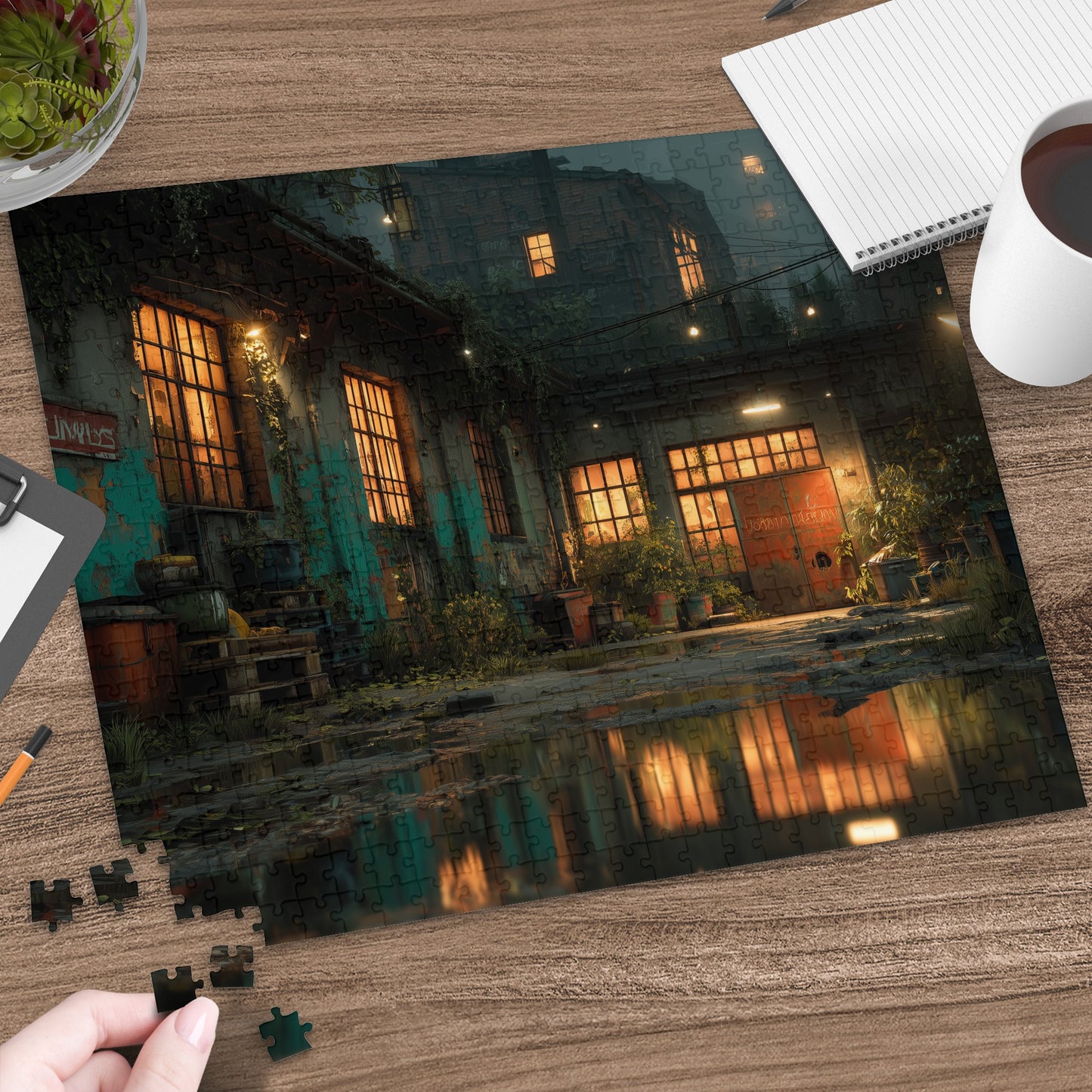 Abandoned industrial building with glowing windows and a wet, reflective courtyard.