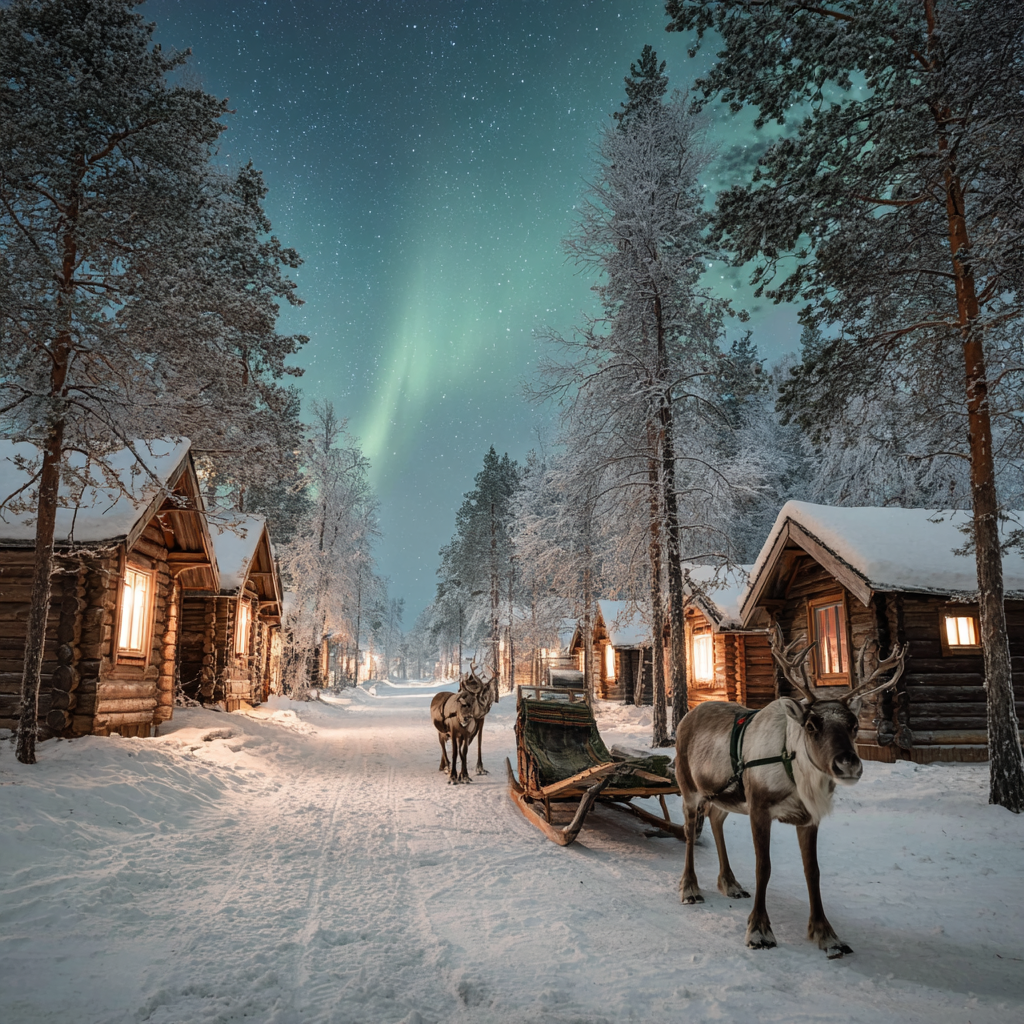 Magical Winter Night with Reindeer and Log Cabins Art