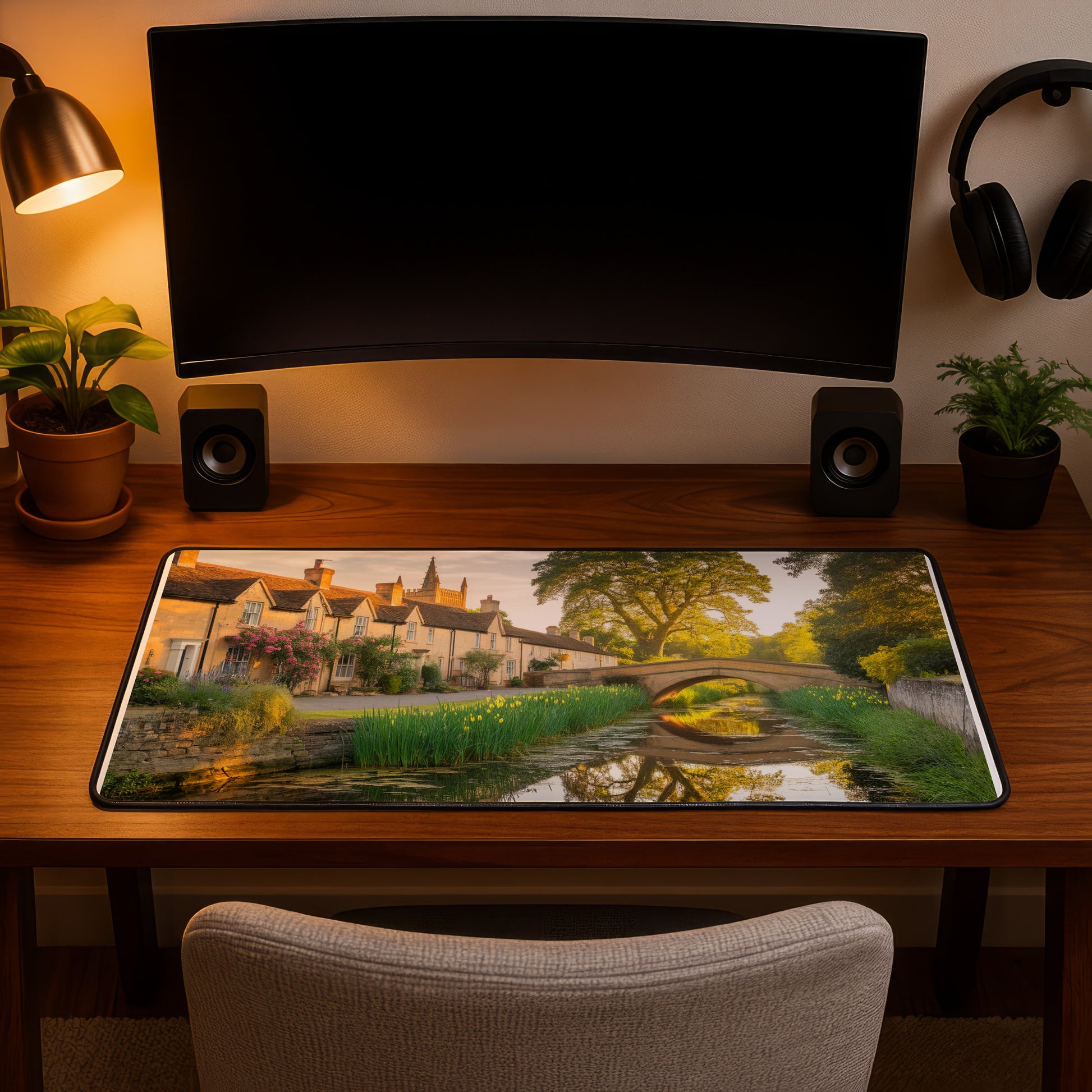 English countryside scene with canal and stone bridge on a large desk mat.