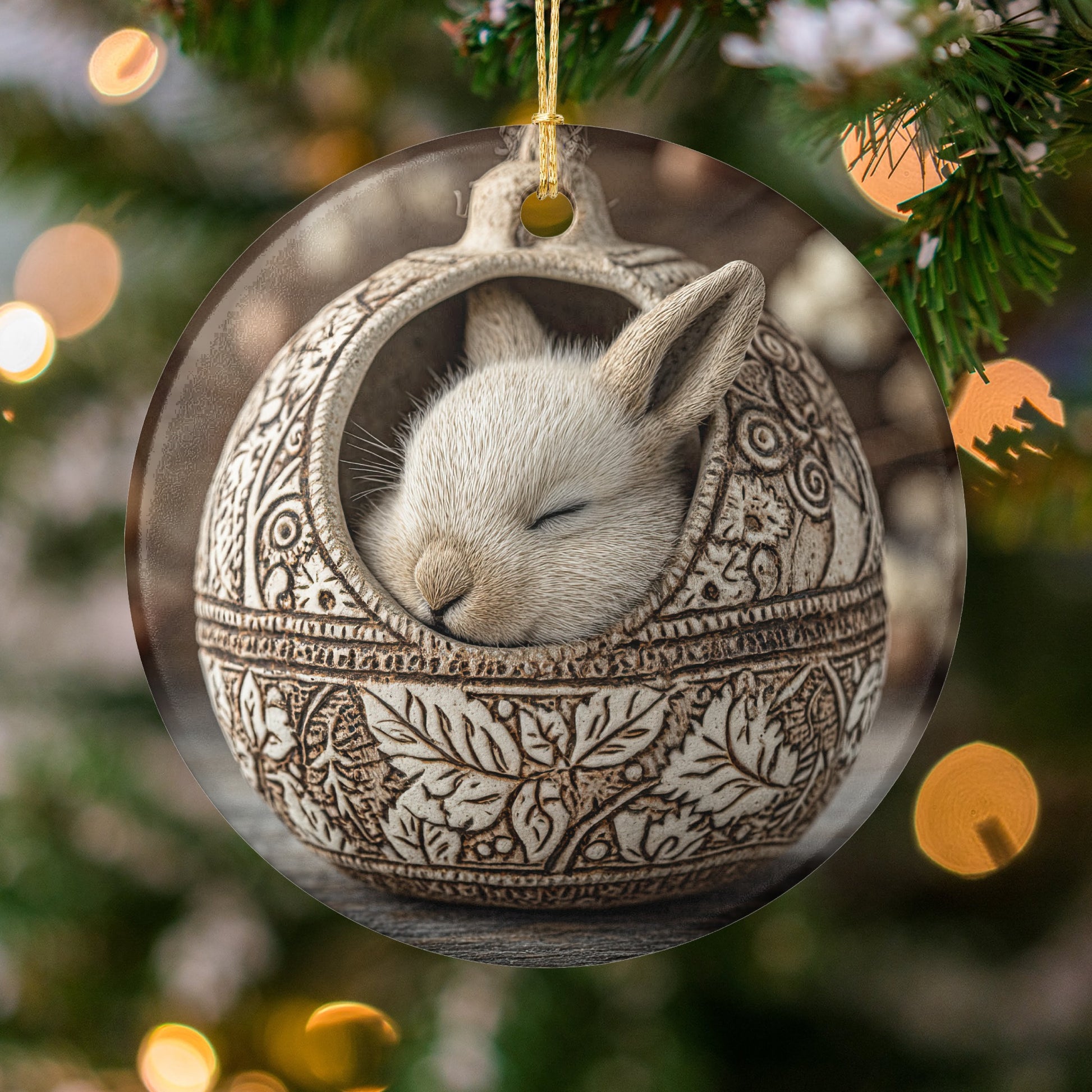 Adorable Rabbit Sleeping in Ornate Hanging Ornament