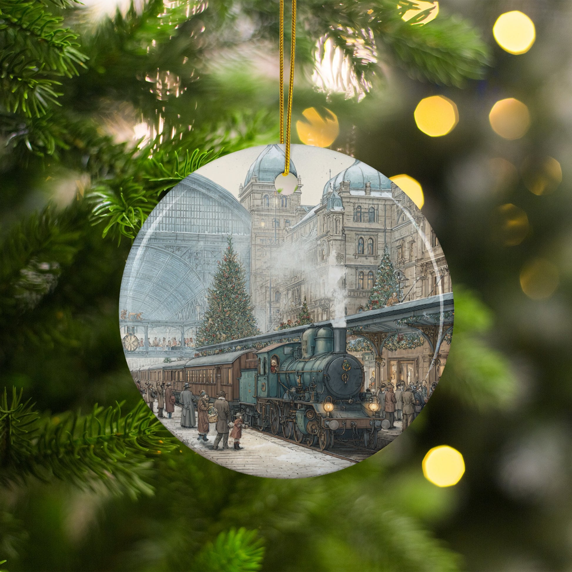 Historic Train Station Christmas Scene Ornament